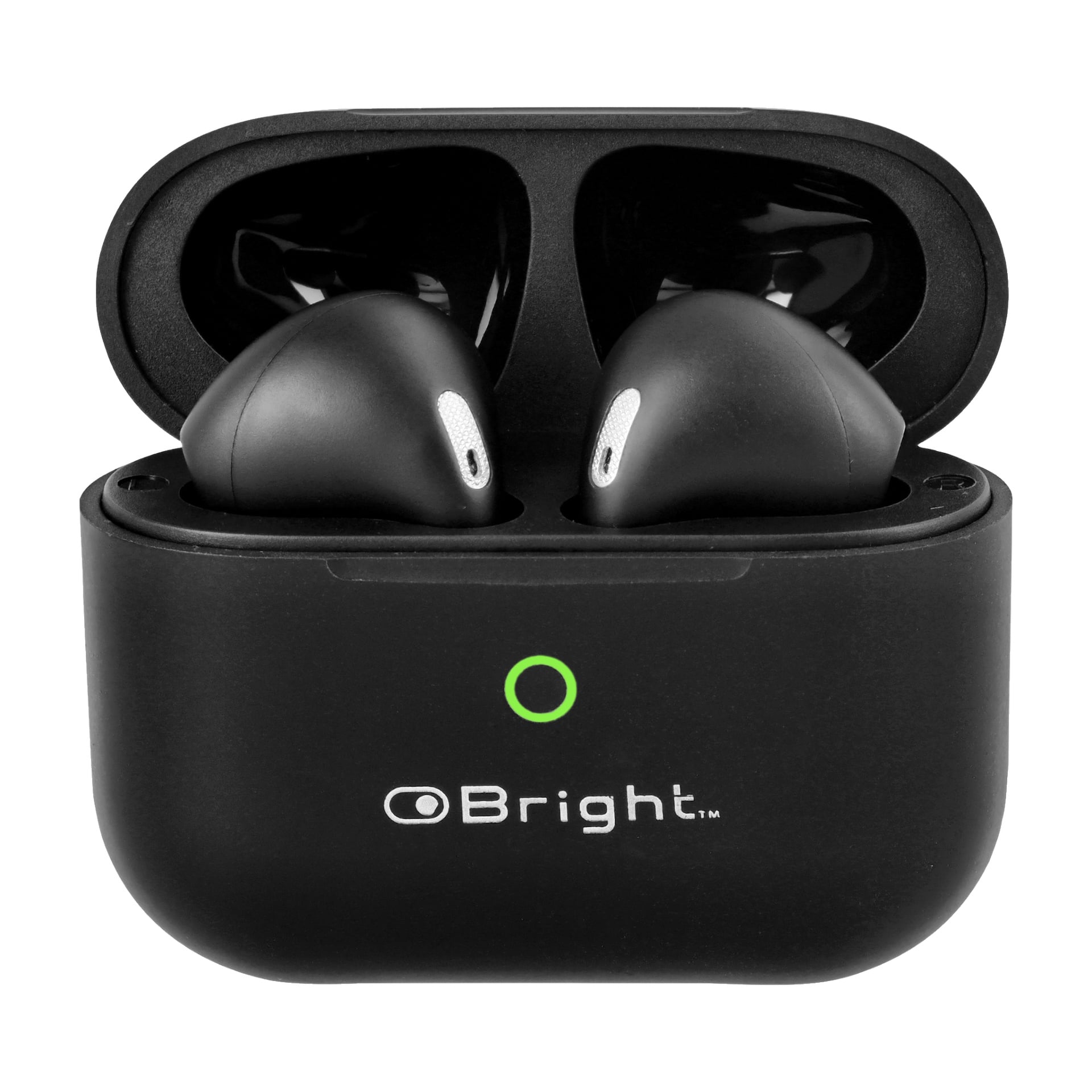 Svarta trådlösa in-ear-hörlurar med pekkontroller ligger i ett öppet laddningsfodral med en grön indikatorlampa och varumärket Bright på framsidan.
