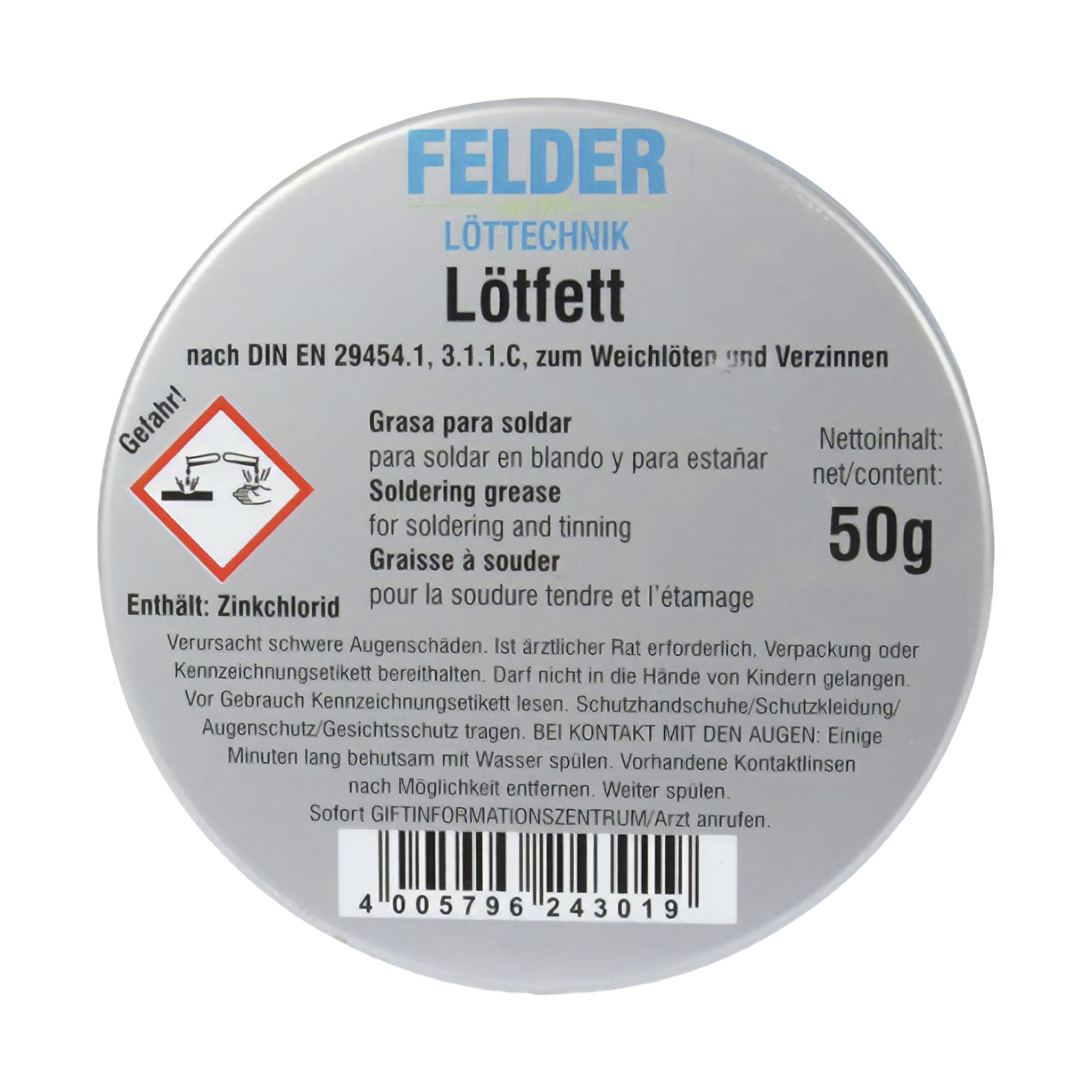 En cirkulär metallburk märkt "FELDER lödpasta" rymmer 50 g lödfett. Förpackningen visar instruktioner för lödning och tenning, en riskikon till vänster, en ingredienslista och en streckkod längst ner.