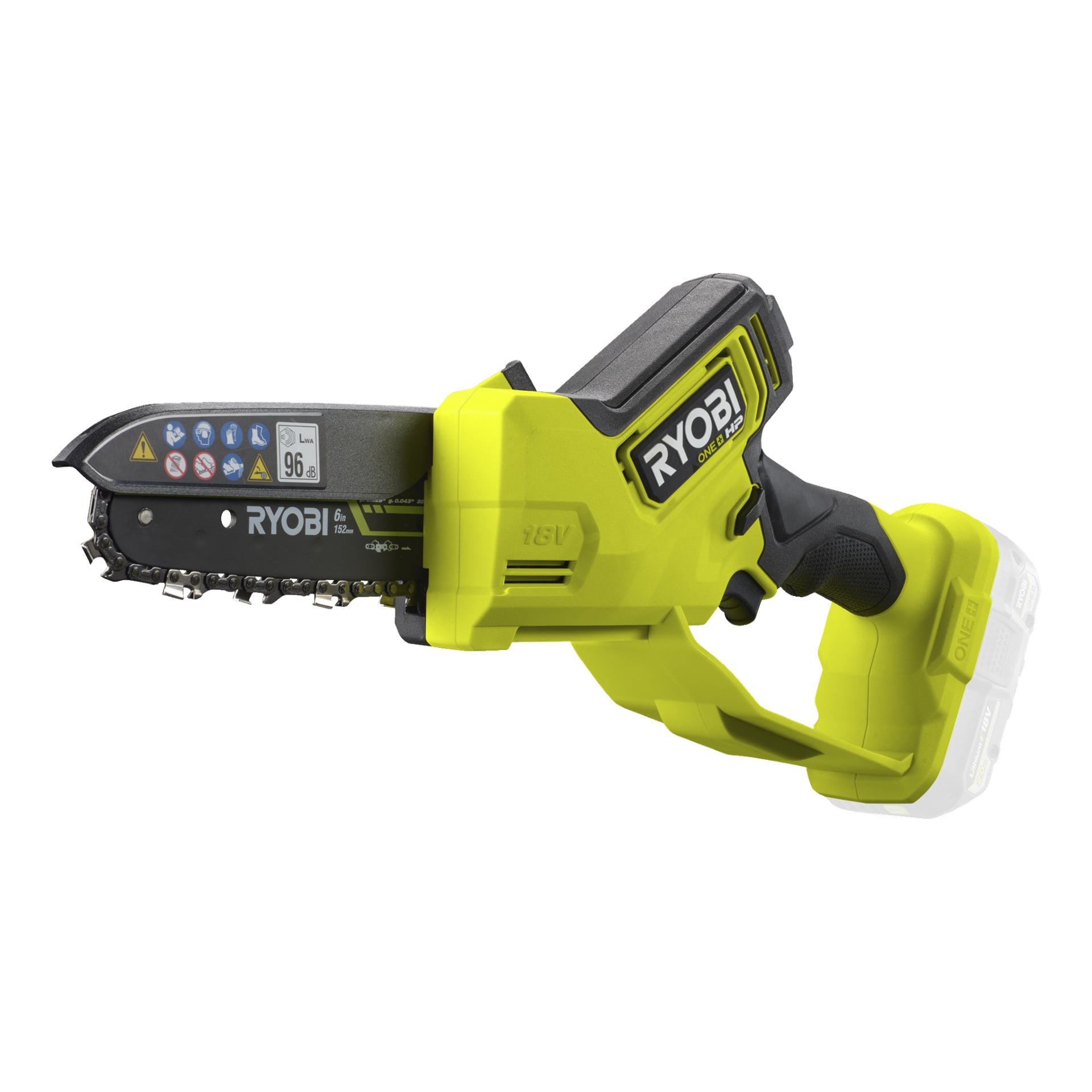En Ryobi One+ HP RY18PSX15A-0 batteridriven beskärningssåg med svart och grön kropp, exponerad kedjeblad och varningsetiketter på bladlocket visas. Verktyget har inget batteri anslutet.