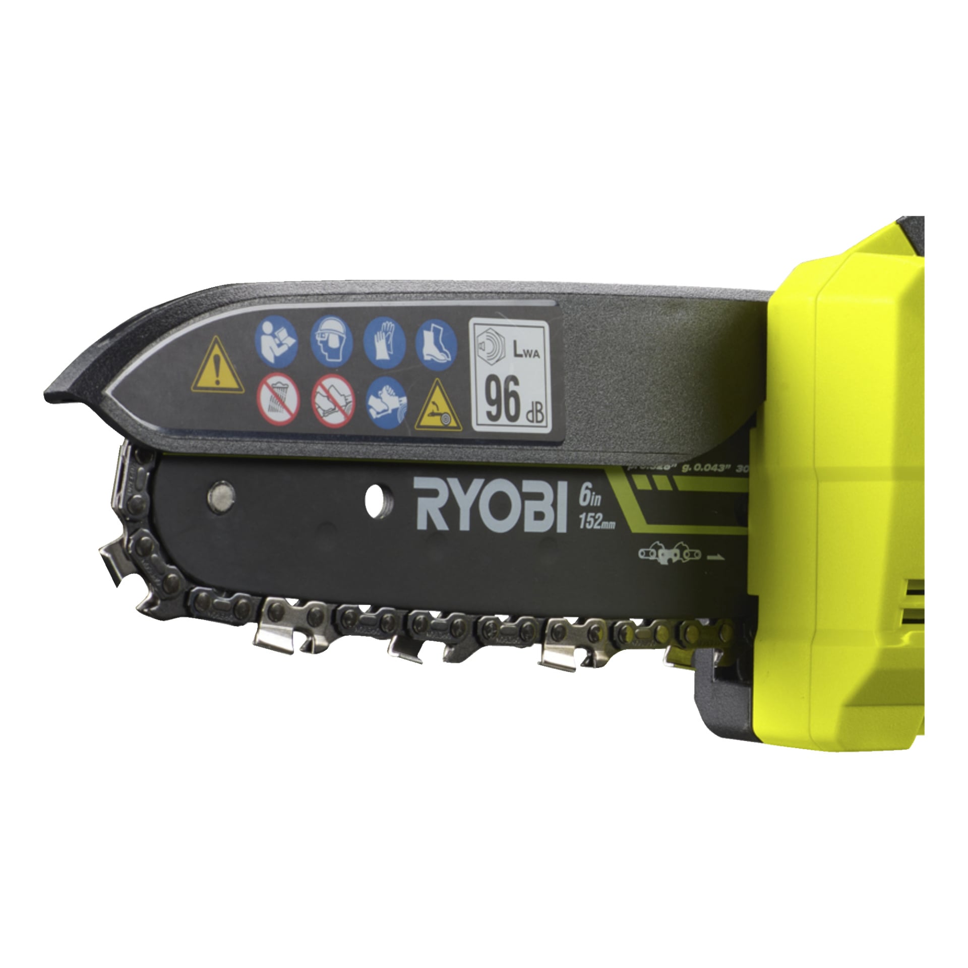Detaljerad vy av Ryobi One+ HP RY18PSX15A-0 beskärningssåg, med framhävning av dess 6-tums motorsågsblad med säkerhetsikoner, en tydlig ljudnivå på 96 dB och en sektion av dess karakteristiska gulgröna hus.