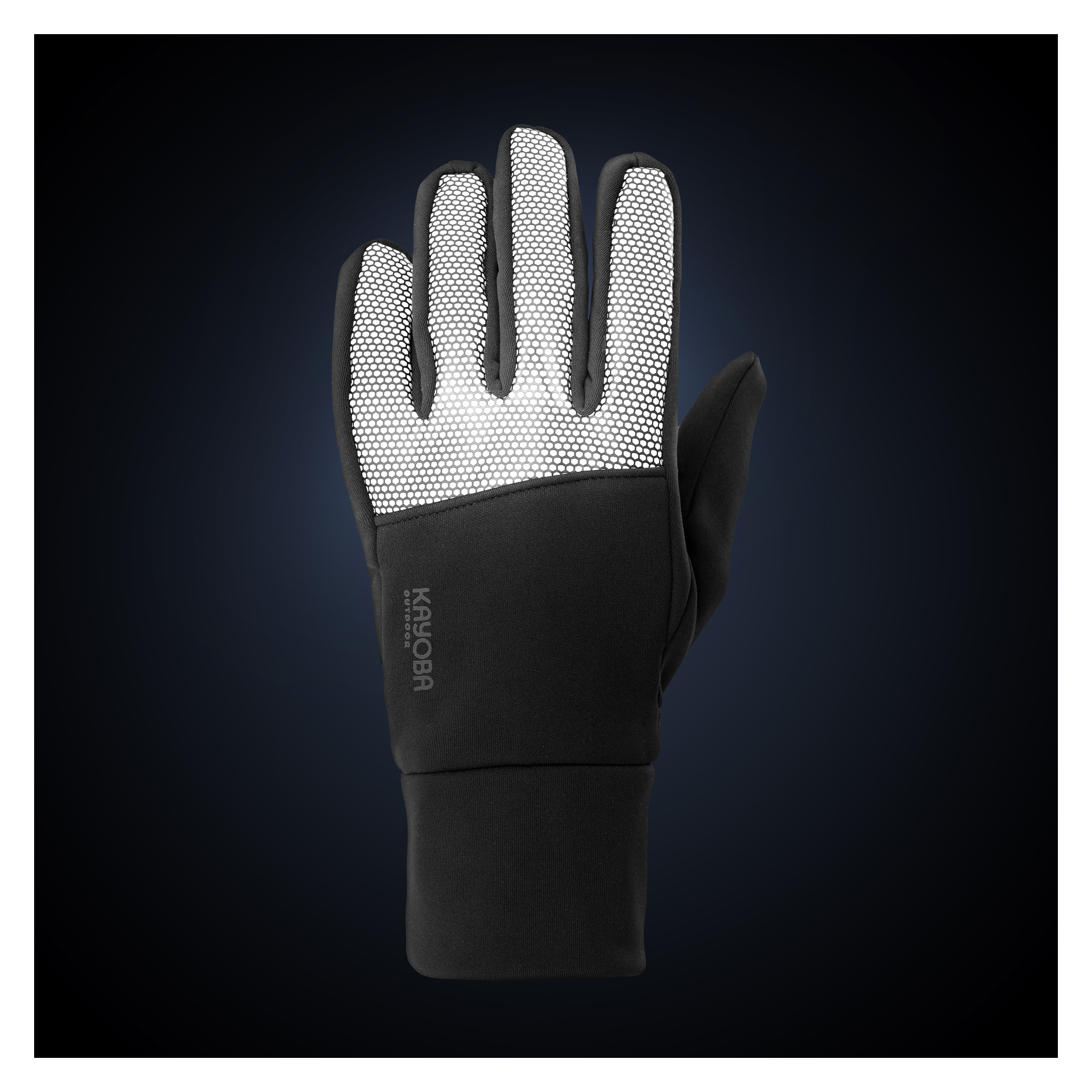 Ett svart par Kayoba Outdoor Reflective Gloves står upprätt mot en mörk gradientbakgrund och visar det texturerade vita materialet på handflator och fingrar. "Kayoba" är tryckt på baksidan av en handske.