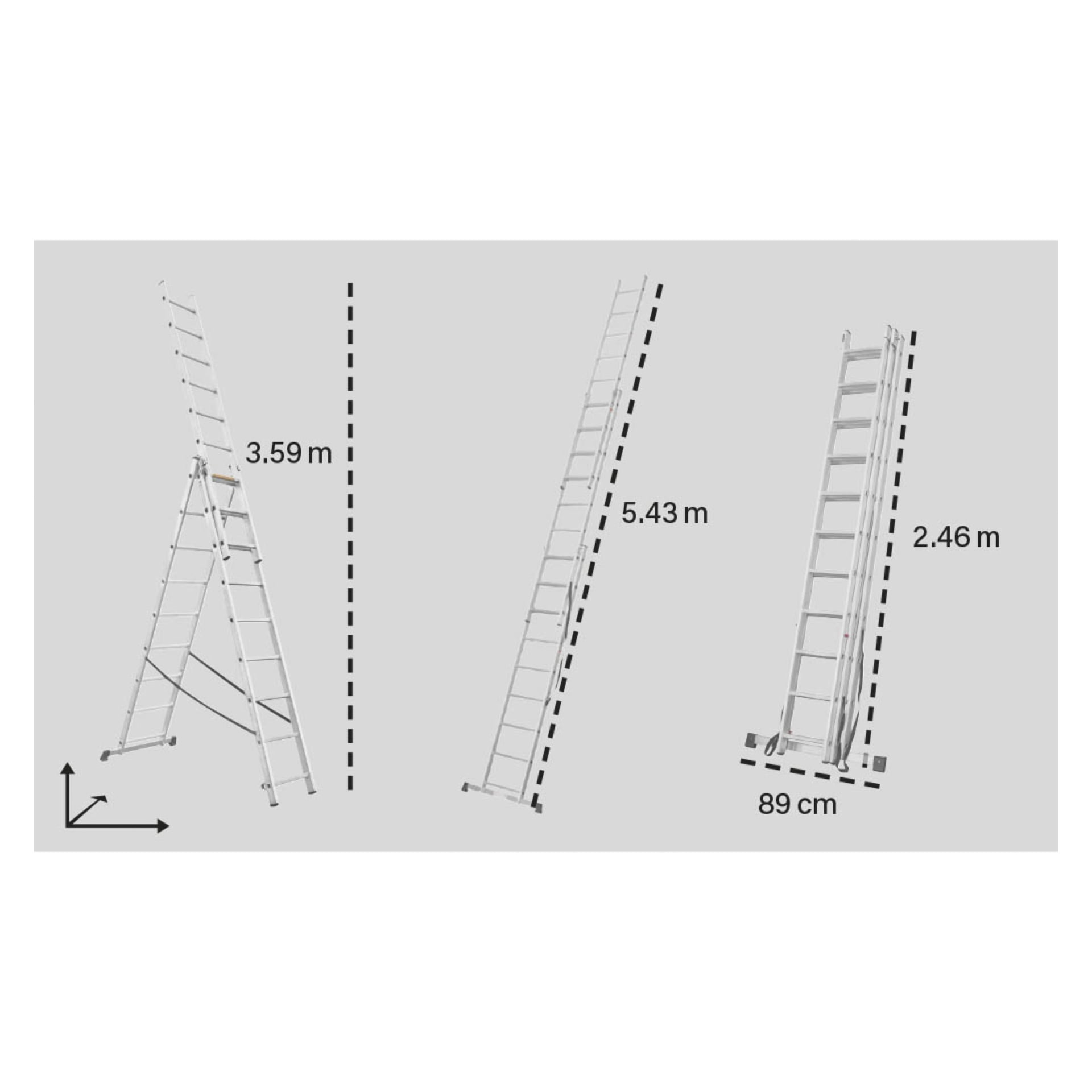 Tre bilder visar Hard Head Combination-stegen med 3x9 steg i olika positioner: dess A-ramhöjd är 3,59 meter, fullt utsträckt höjd är 5,43 meter och sluten höjd är 2,46 meter, med en basbredd på 89 centimeter; Svarta streckade linjer indikerar mått.