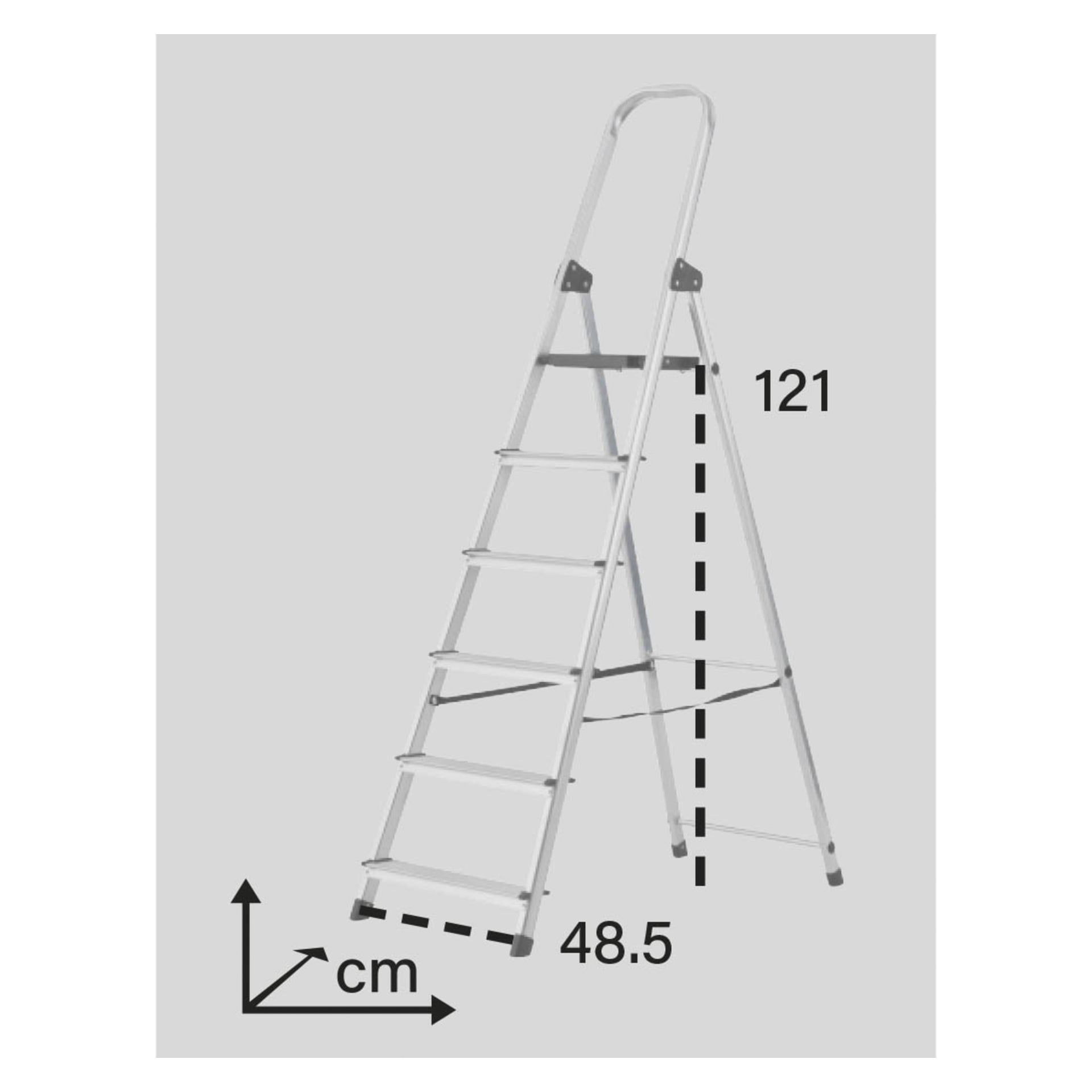 En Hard Head stege med fem fällbara steg, med en basbredd på 48,5 cm och en höjd på 121 cm till översta trappsteget. Streckade linjer och etiketter framhäver dessa dimensioner.