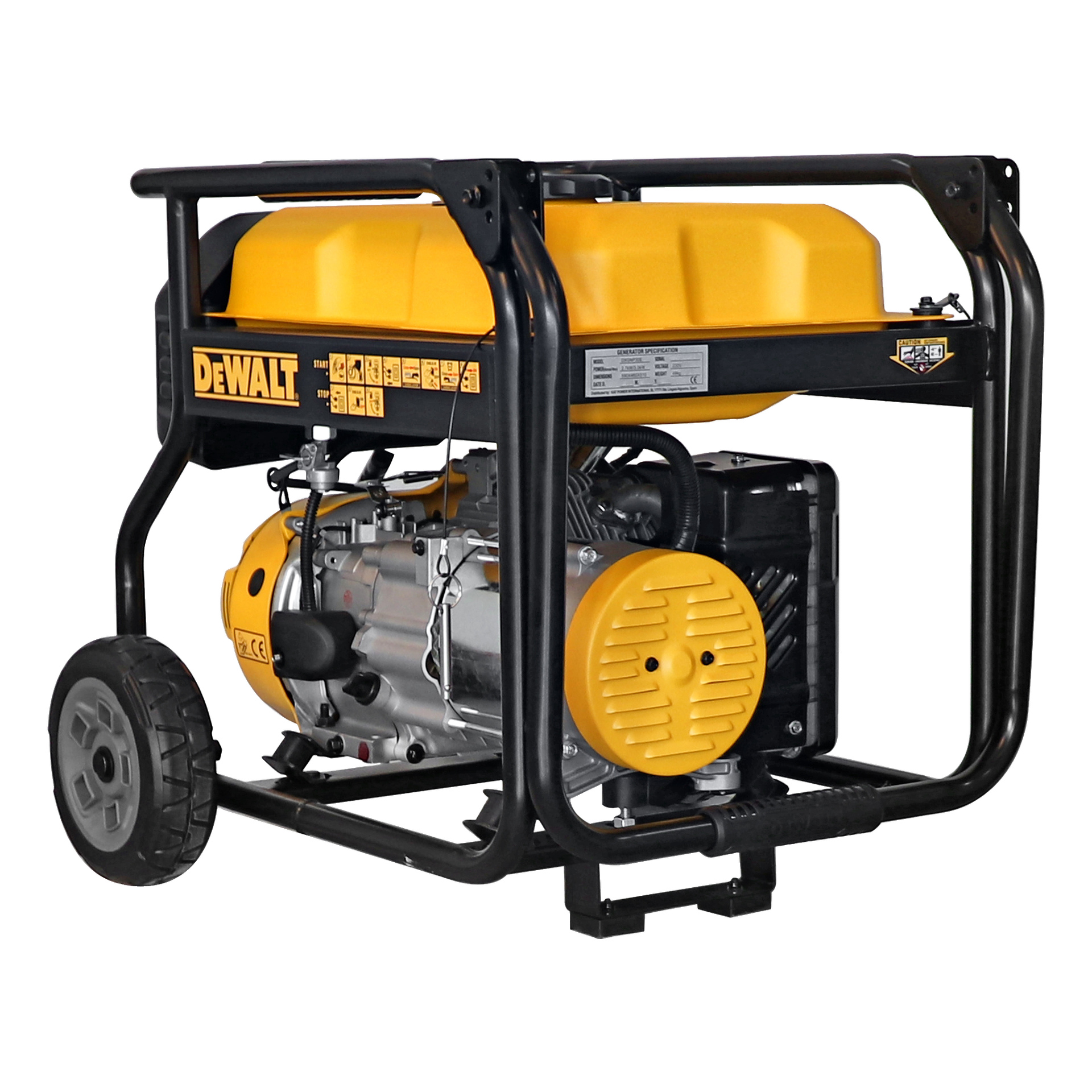 DeWalt Generatorissa DXGNP30E on keltamusta, jossa on tukeva metallirunko, kaksi pyörää, kahva, ohjauspaneeli, moottori ja polttoainesäiliö, jossa lukee DXGNP30E.