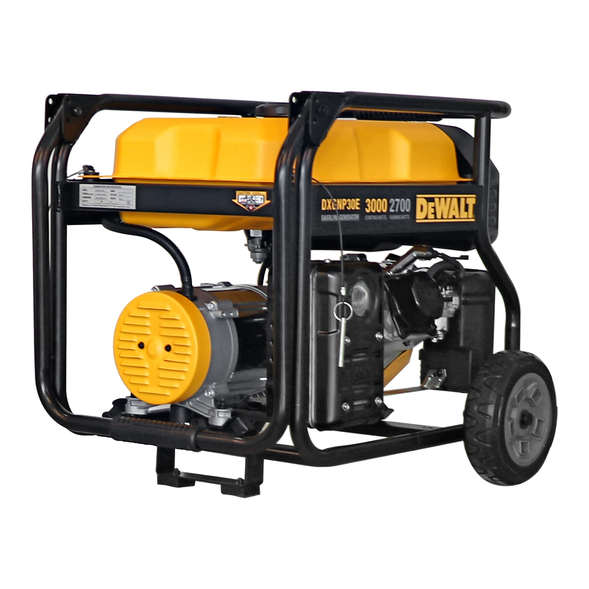 DeWalt-generaattorissa DXGNP30E keltainen polttoainesäiliö, musta runko, pyörät sekä näkyvät moottorin osat ja ulostulot toisella puolella. Generaattorin teksti kuuluu DeWalt Generator DXGNP30E.