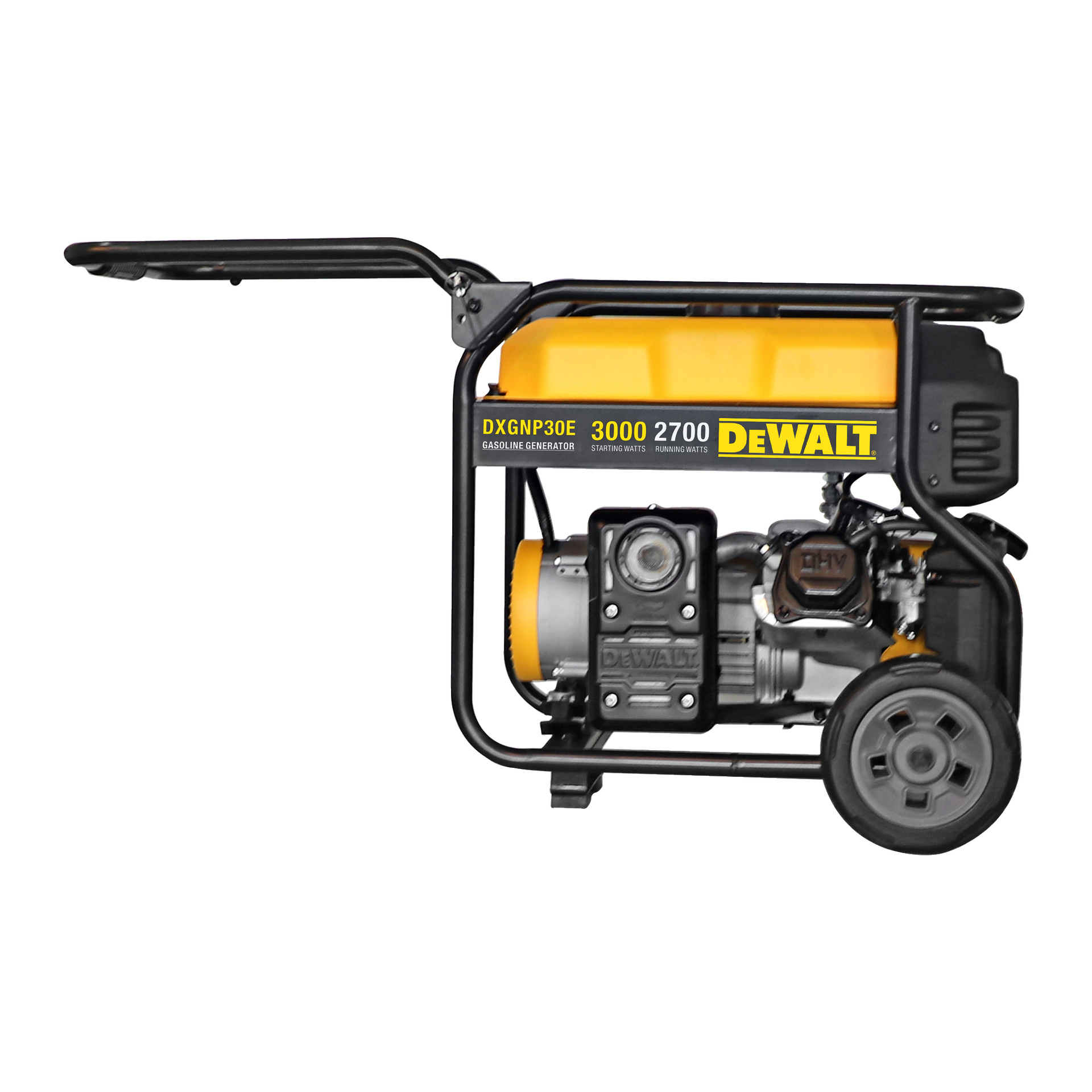 DeWalt Generatorissa DXGNP30E on keltamusta runko, kahva, kaksi pyörää ja näkyvät moottorikomponentit. Etiketissä lukee DXGNP30E ja 3000 2700.