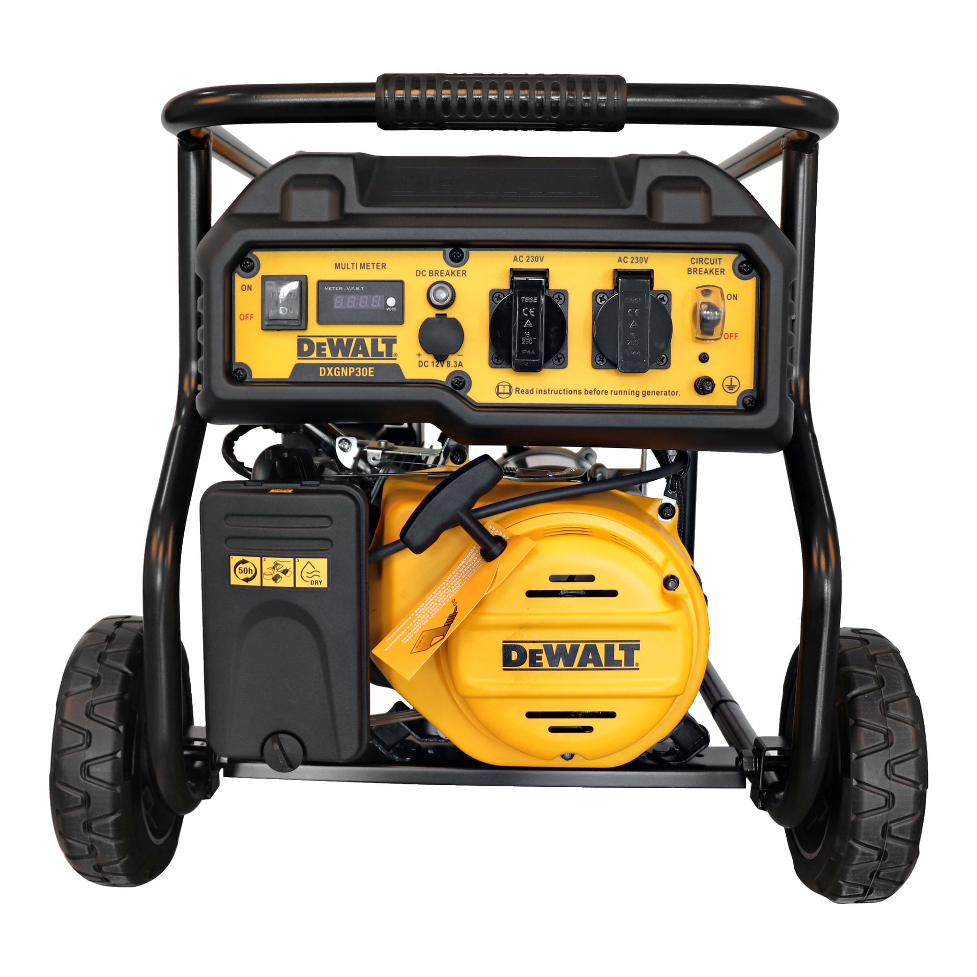 DeWalt Generator DXGNP30E edestä katsottuna, keltamustalla kotelolla, kahdella pyörällä, useilla pistorasiaporteilla, etupaneelin ohjauskytkimillä ja kannettavalla kahvalla ylhäällä.