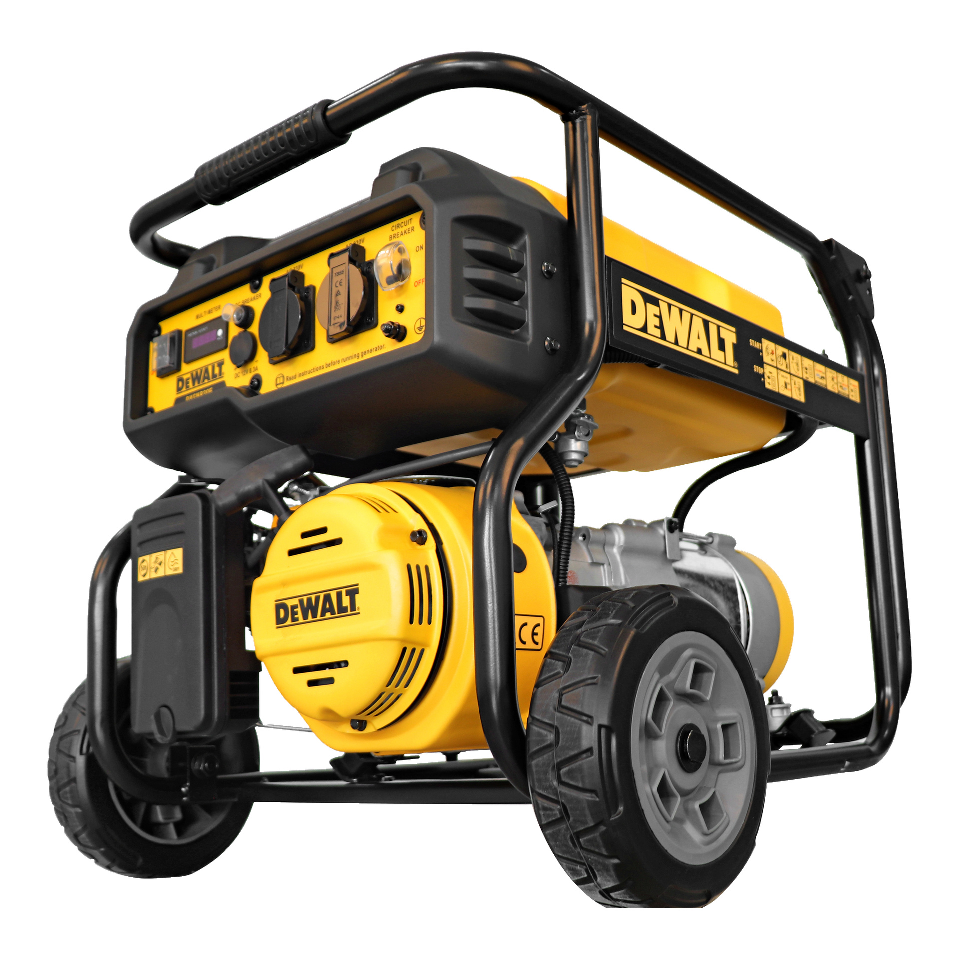 Kelta-musta DeWalt Generator DXGNP30E sisältää kahvan, pyörät, useita pistorasioita, ohjauspaneelin ja DeWalt-merkin.