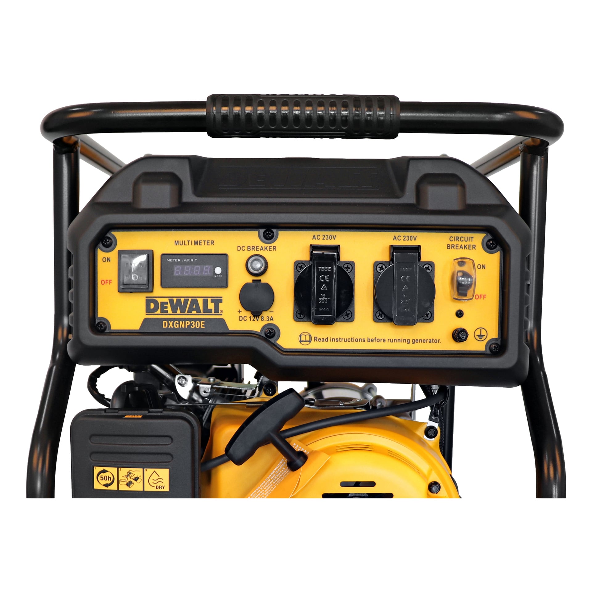 DeWalt DXGNP30E -generaattorin etupaneelissa on virtakytkimiä, sulakkeet, 230V AC-pistorasia, tasavirtasulake, digitaalinen näyttö, selkeästi merkityt komponentit sekä DeWalt-logo keltaisella taustalla.