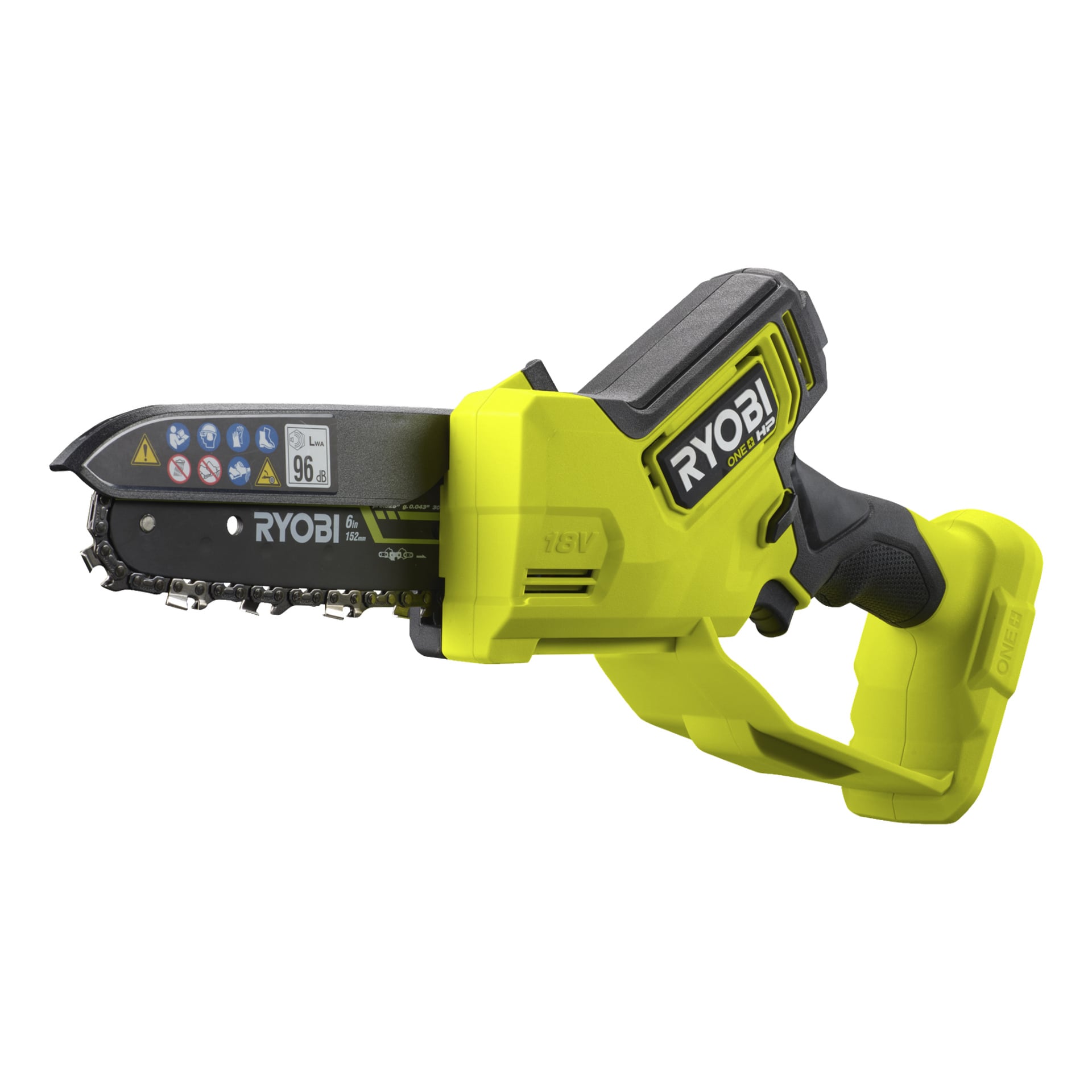 En gul och svart Ryobi One+ HP batteridriven beskärningssåg, modell RY18PSX15A-0, med ett synligt blad, säkerhetsvarningsetiketter och ett bekvämt ergonomiskt handtag.