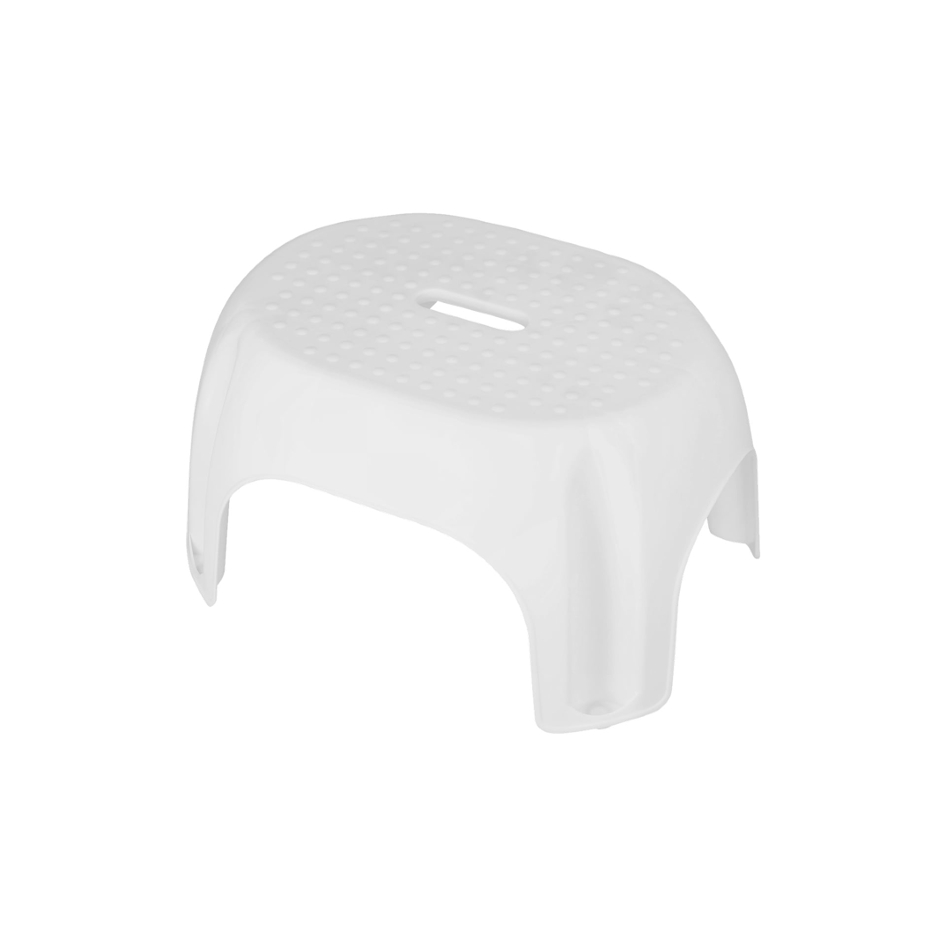 En kompakt vit plastpall med fyra ben, en lätt böjd topp med ett prickigt greppmönster och en oval handtagsspår i mitten.