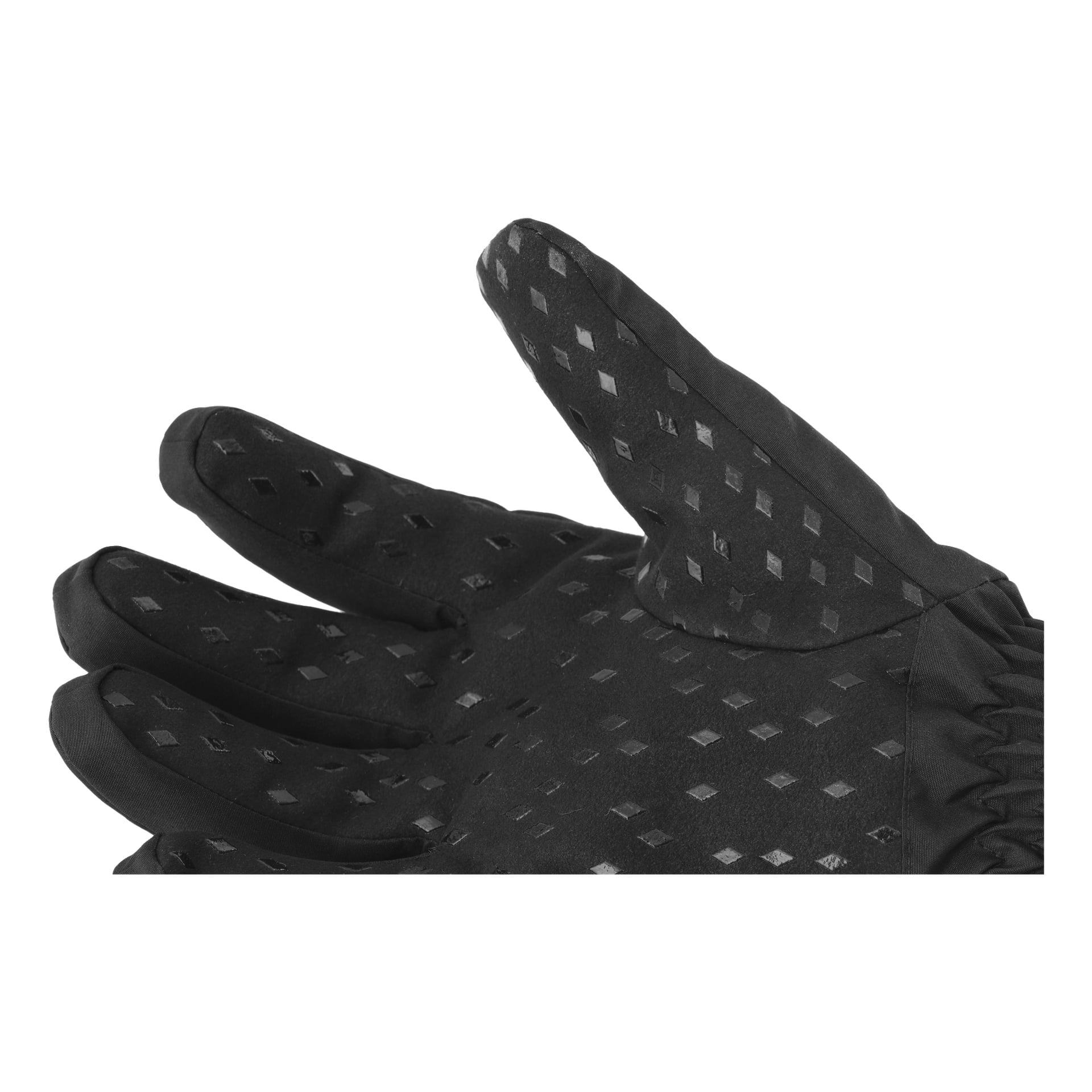 Eine Nahaufnahme eines Kayoba Outdoor Winterhandschuhs zeigt einen diamantförmigen Griff auf der Handfläche und einen strukturierten schwarzen Stoff.