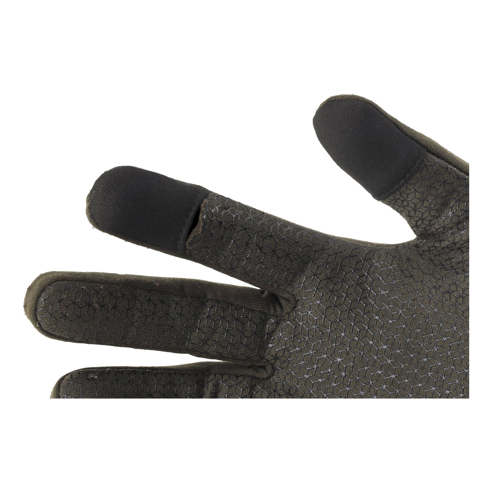 En närbild på Kayoba Outdoor Water-repellent jakthandskar Nimrod, som visar deras mörka färg, texturerade grepp och förstärkta svarta spetsar på pek- och långfingret.
