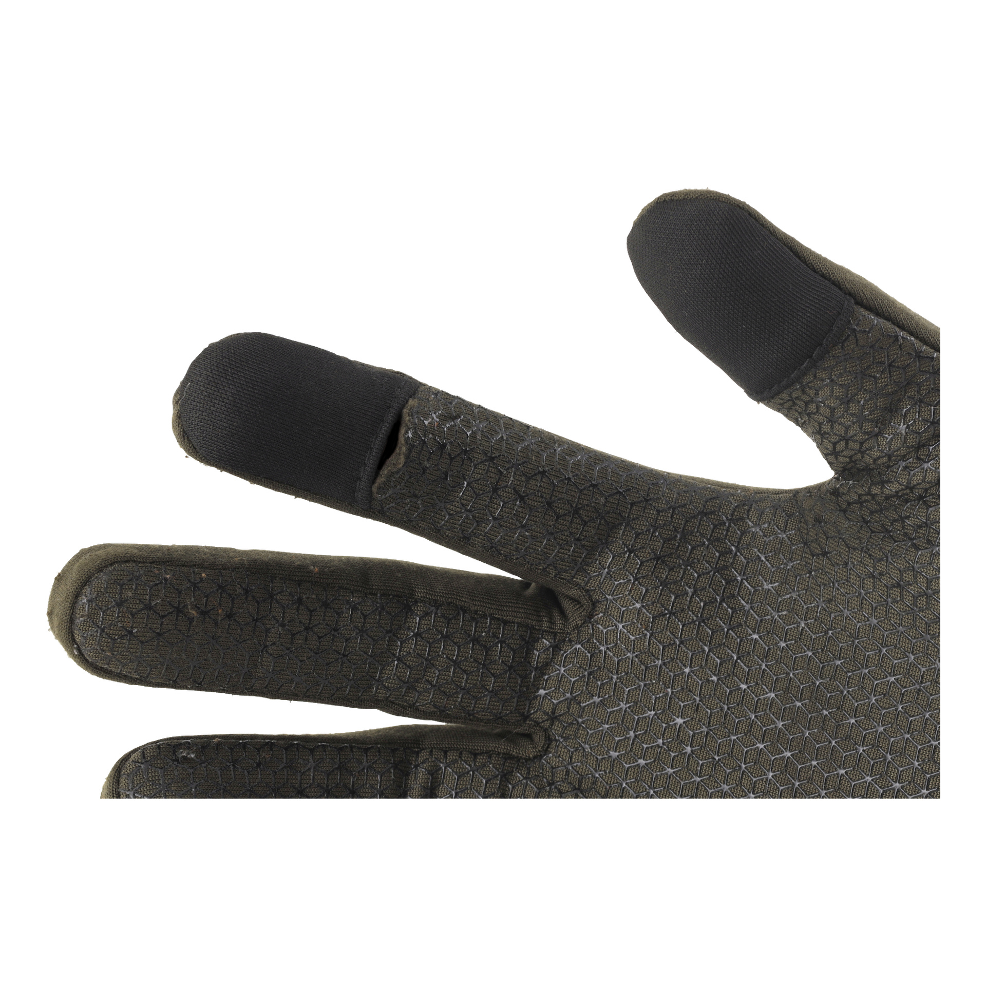 En närbild på en Kayoba Outdoor vattenavvisande jakthandske Nimrod visar en hand som bär handsken, som har svarta förstärkta spetsar på pek- och långfinger, en texturerad yta på handflatan och synliga sömmar.