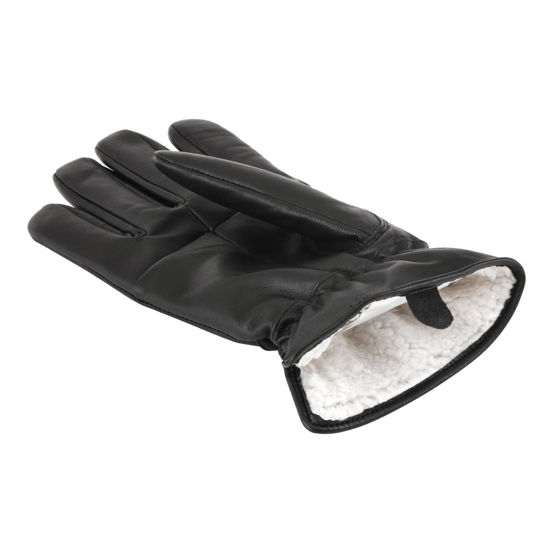 Ein einzelner schwarzer Lederhandschuh von Kayoba Outdoor mit sichtbarem weißem Fleecefutter ist von der Handfläche nach oben gezeigt. Der offene Handgelenkbereich offenbart das weiche Innere.