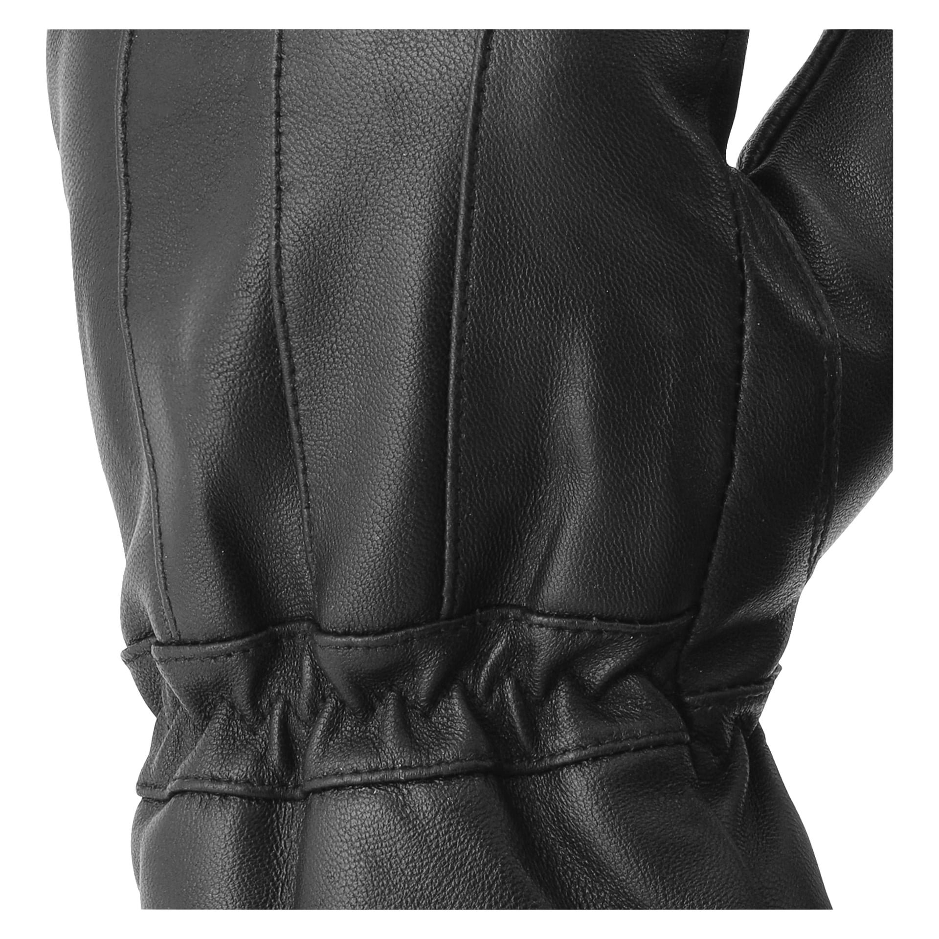 Eine detaillierte Ansicht der schwarzen Kayoba Outdoor-Lederhandschuhe, die die filigrane Naht, die strukturierte Lederoberfläche und das zusammengezogene Gummiband am Handgelenk zeigen.