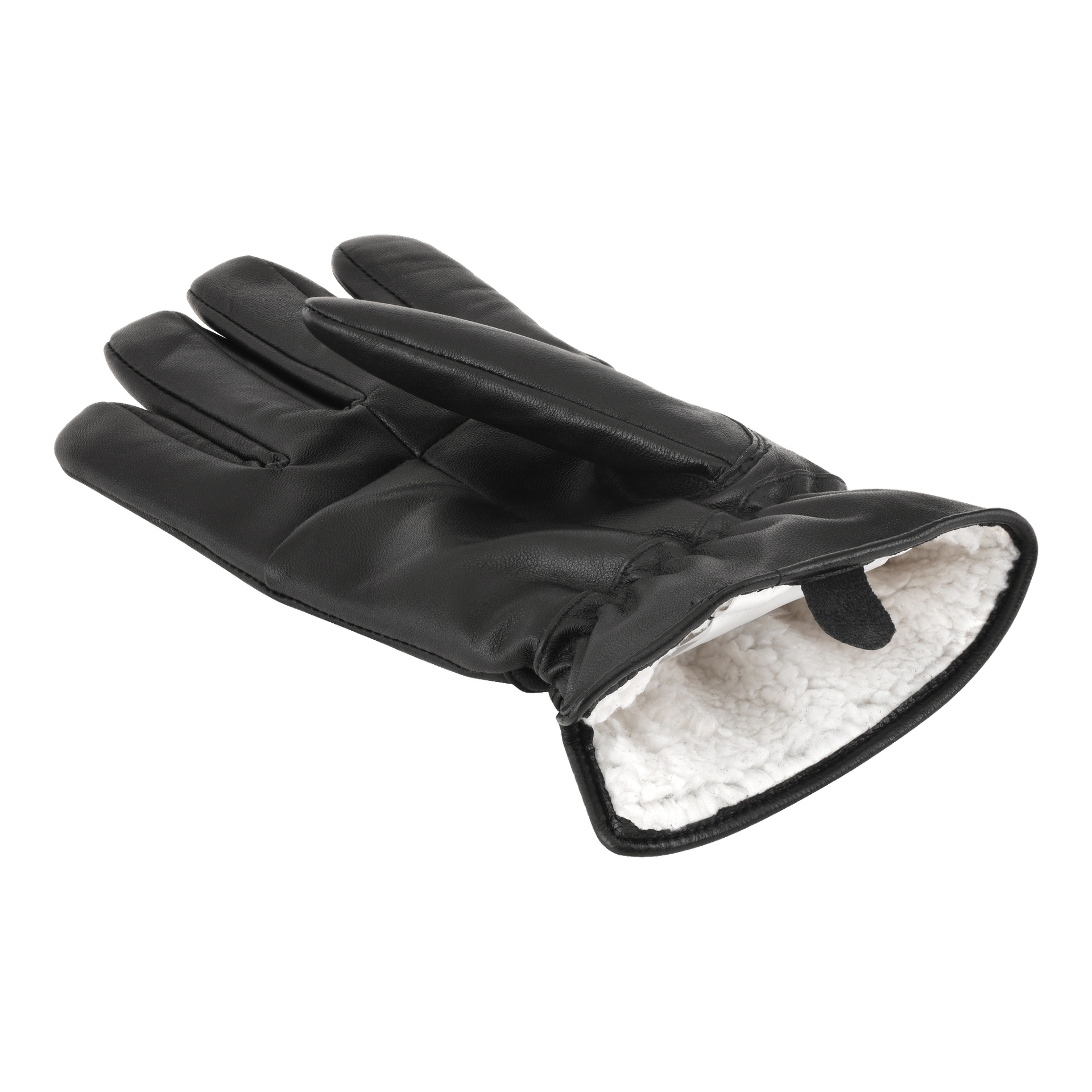 Ein schwarzer Lederhandschuh von Kayoba Outdoor ist mit der Handfläche nach oben angeordnet, wobei der Eingang nach vorne zeigt und das weiche weiße Fleece-Interieur sichtbar ist. Der Handschuh besteht aus vier Fingern und einem Daumen, die bei Kälte Wärme und Schutz bieten.
