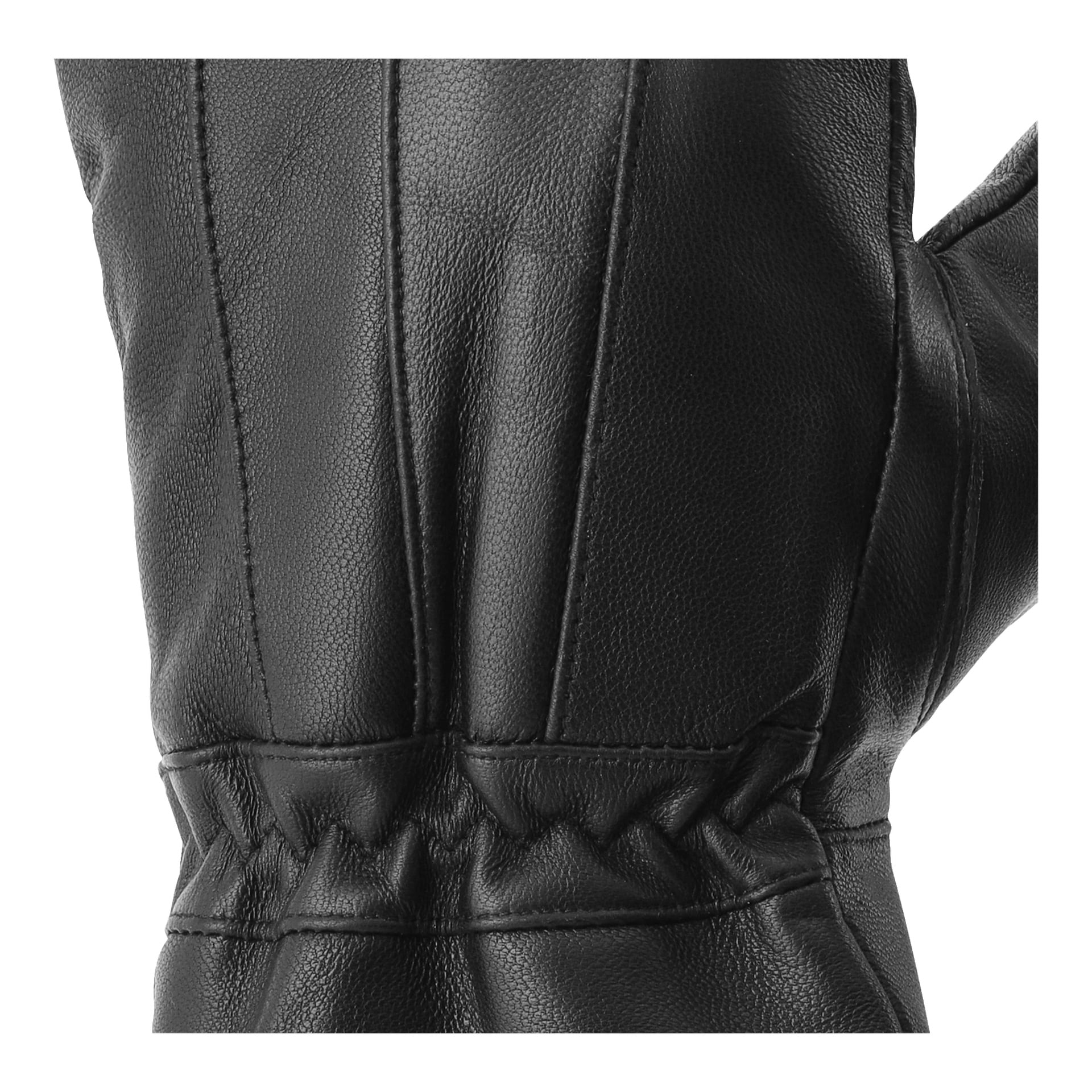 En detaljerad vy av Kayoba Outdoor Leather-handskar i svart, med synliga sömmar och uppdragen resår vid handleden. Lädrets struktur och de skarpt definierade sömmarna syns tydligt.