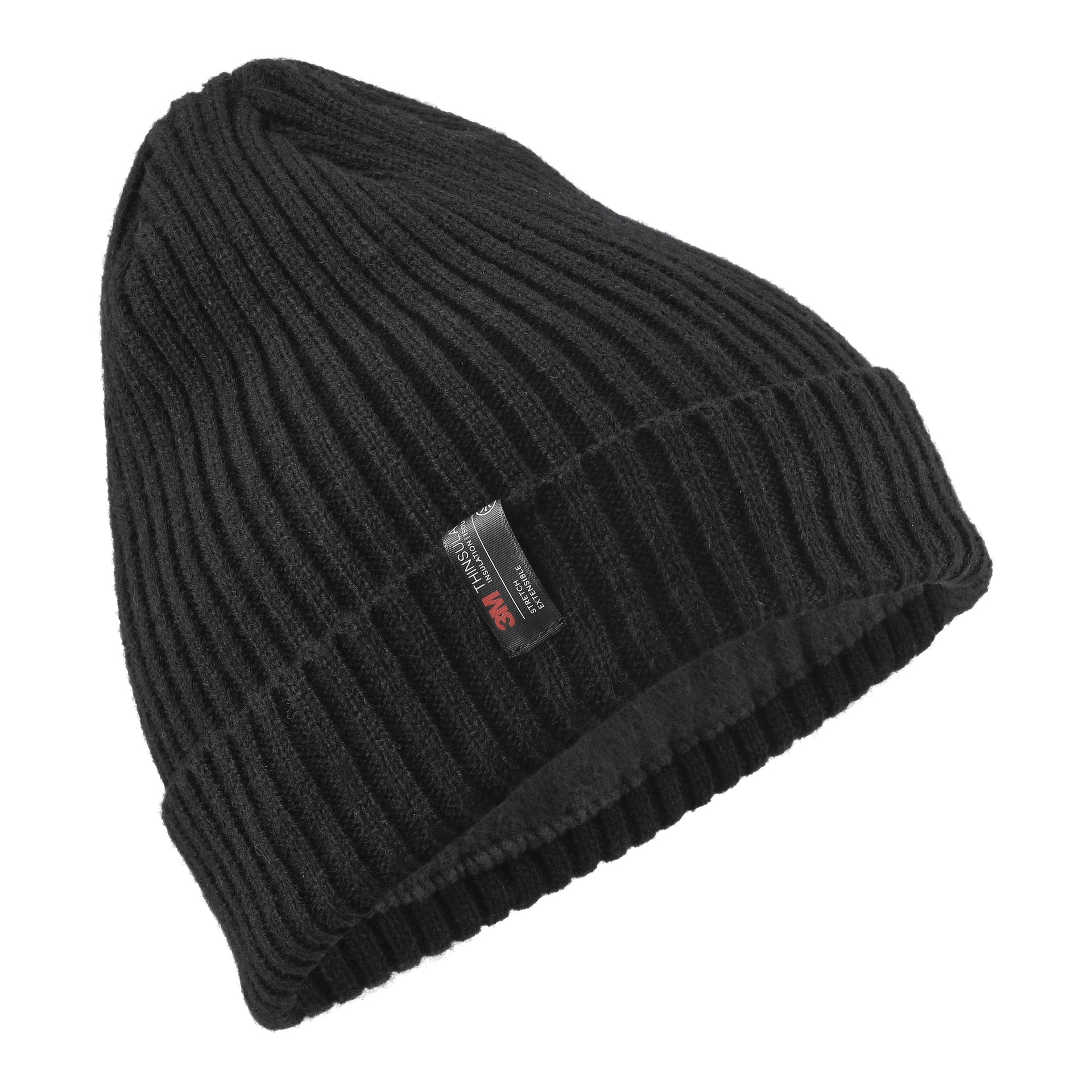 Eine dicke schwarze, gerippte Strickmütze von Bluewear mit gefaltetem Krempe und einem kleinen rechteckigen Etikett an der Seite, der warm bleiben soll.