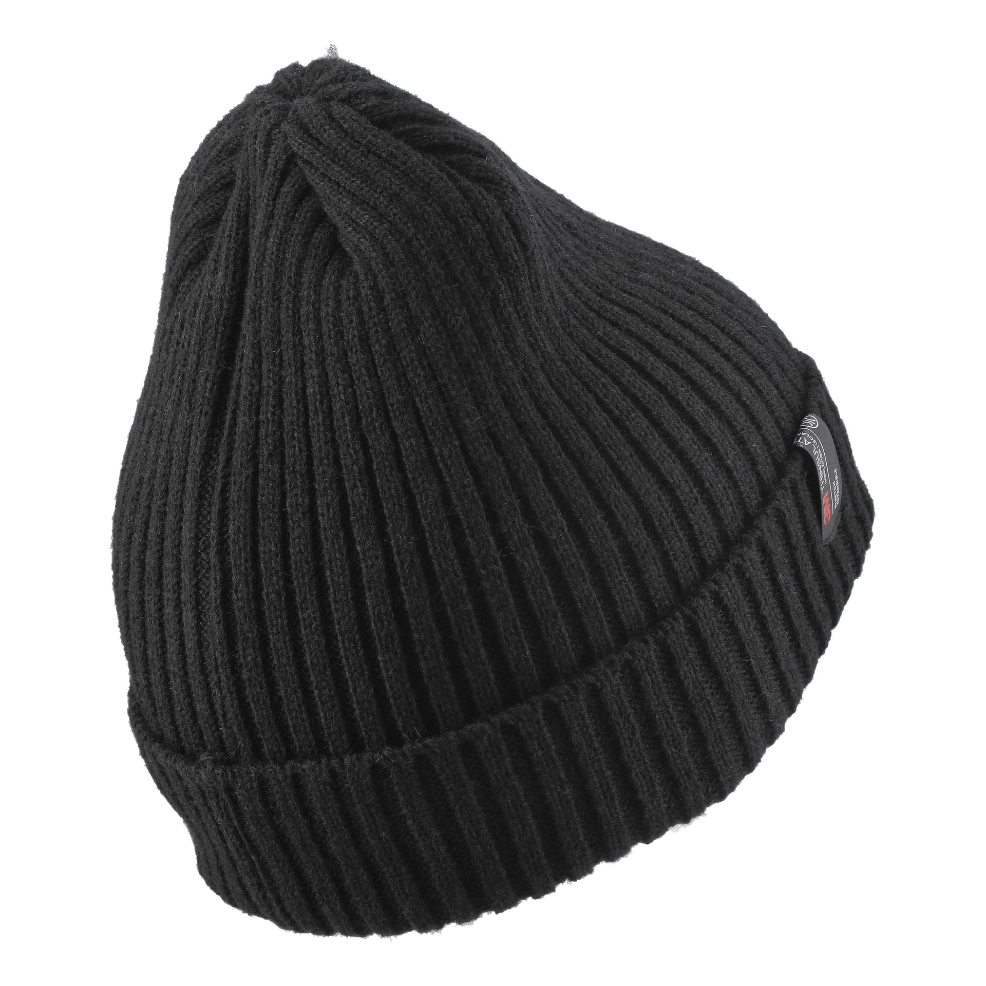 Eine schwarze, gerippte Strickmütze von Bluewear mit gefaltetem Rand und einem kleinen genähten Etikett an der Seite.