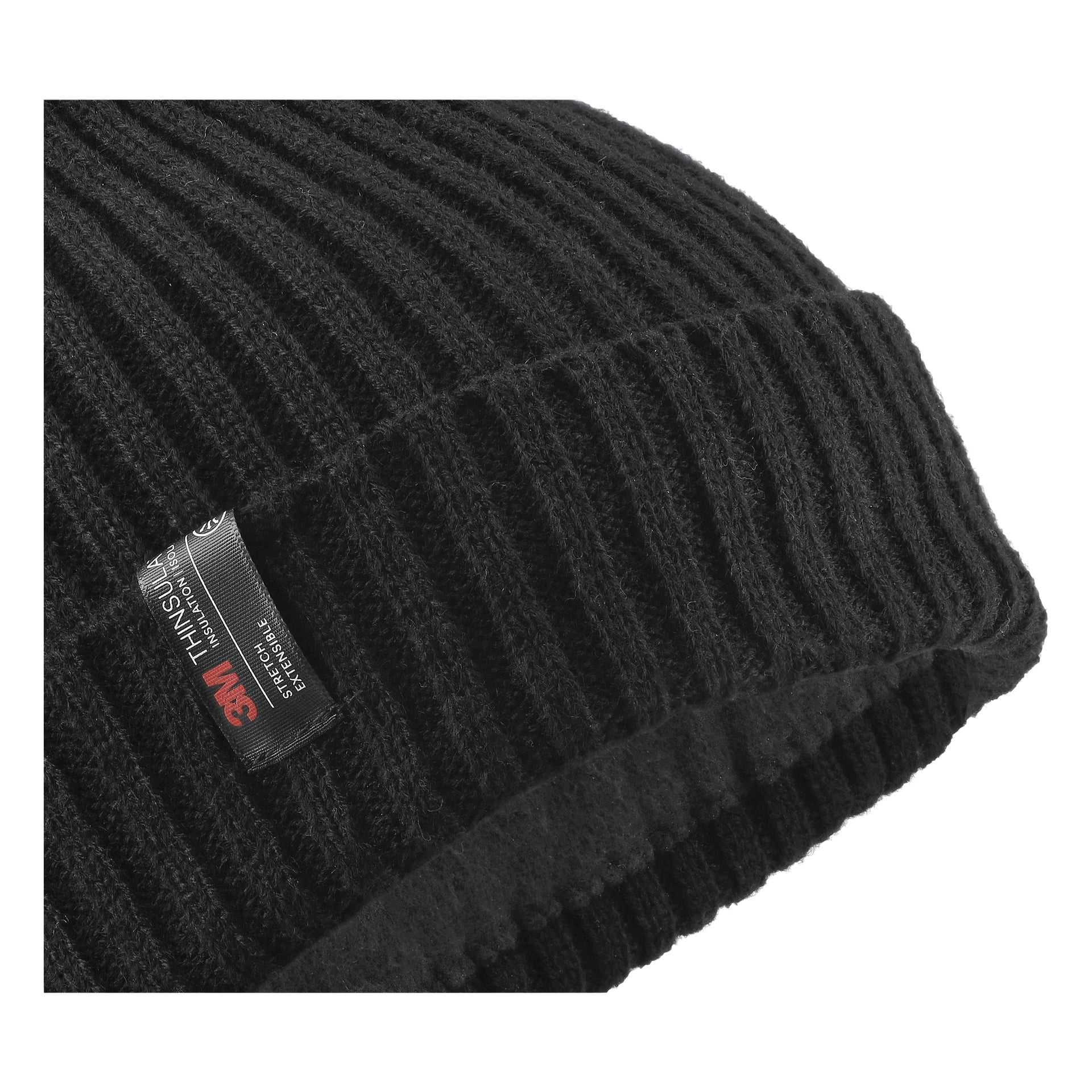 Eine detaillierte Ansicht einer schwarzen gerippten Strickmütze von Bluewear, die ein kleines schwarzes Etikett mit dem 3M Thinsulate-Logo zeigt. Der Fokus liegt auf dem strukturierten Strick und dem markanten Branding der Mütze, wobei Wärme und Isolierung betont werden.