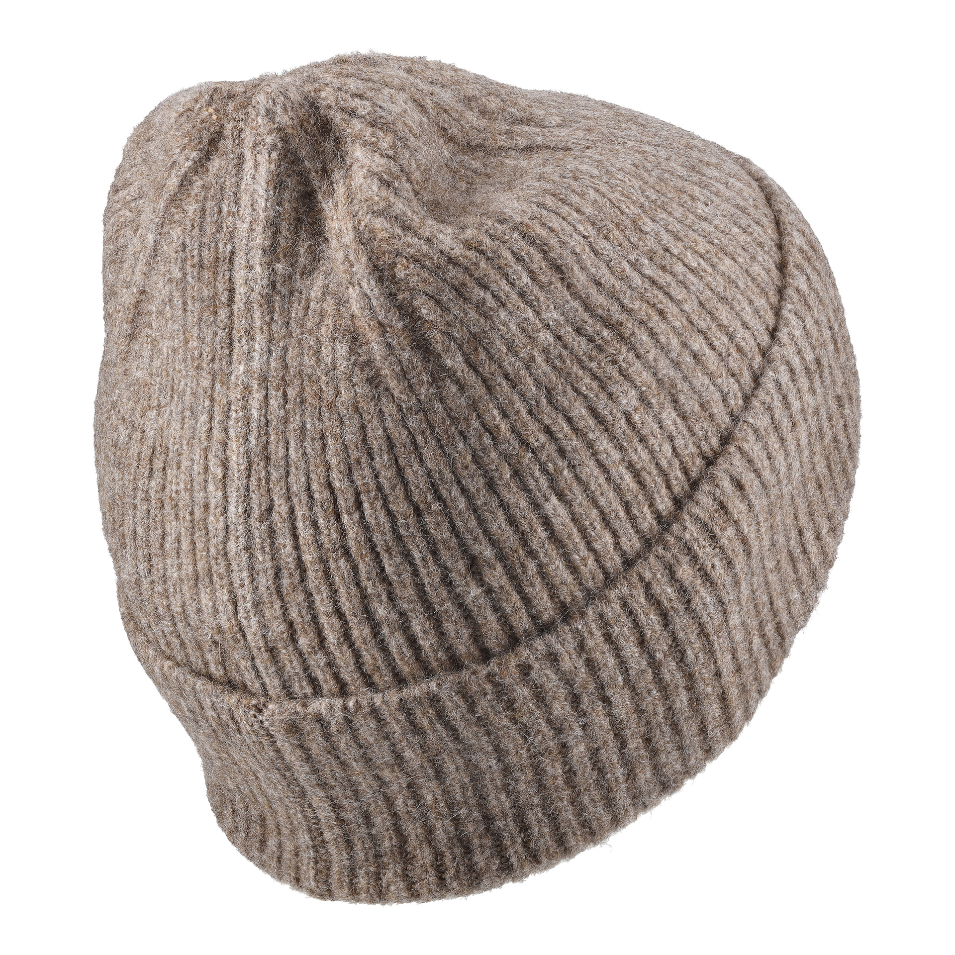 En närbild på Kayoba Outdoor Hat, en mjuk brun resåbrädad stickad ullmössa med en något slokad, rundad design.
