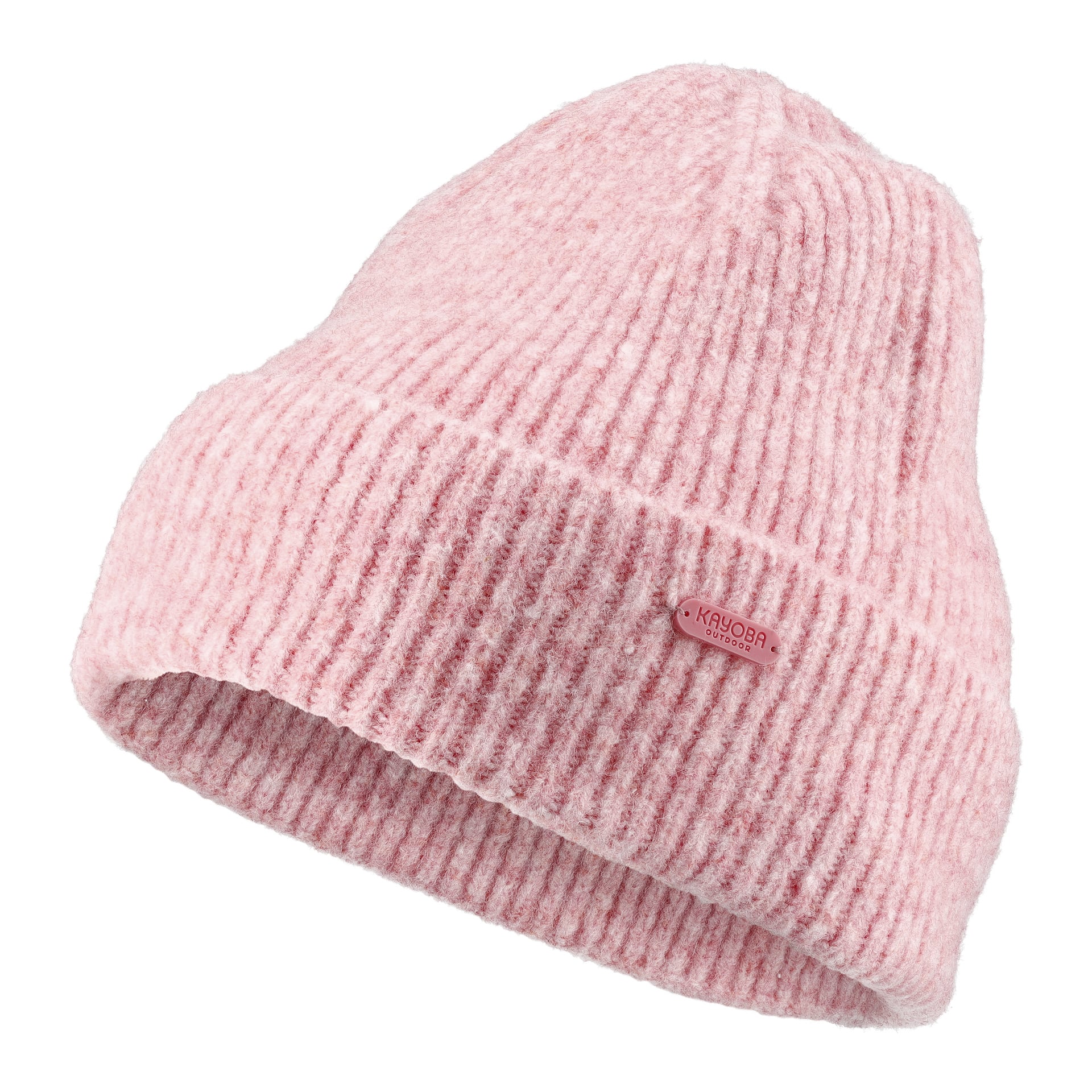 Kayoba Outdoor Hat är en ljusrosa, ribbad mössa med vikt brätte och en liten rektangulär etikett på ena sidan. Tillverkad av mjukt, fluffigt tyg ser den varm och bekväm ut.