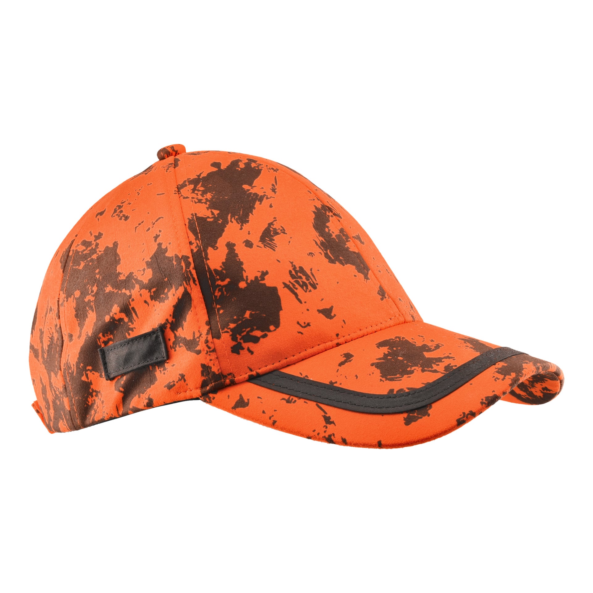 En sidovy av Kayoba Outdoor Huntley-jaktmössan visar dess klara orange färg med svarta kamouflagedetaljer och en svart kant på brättet.