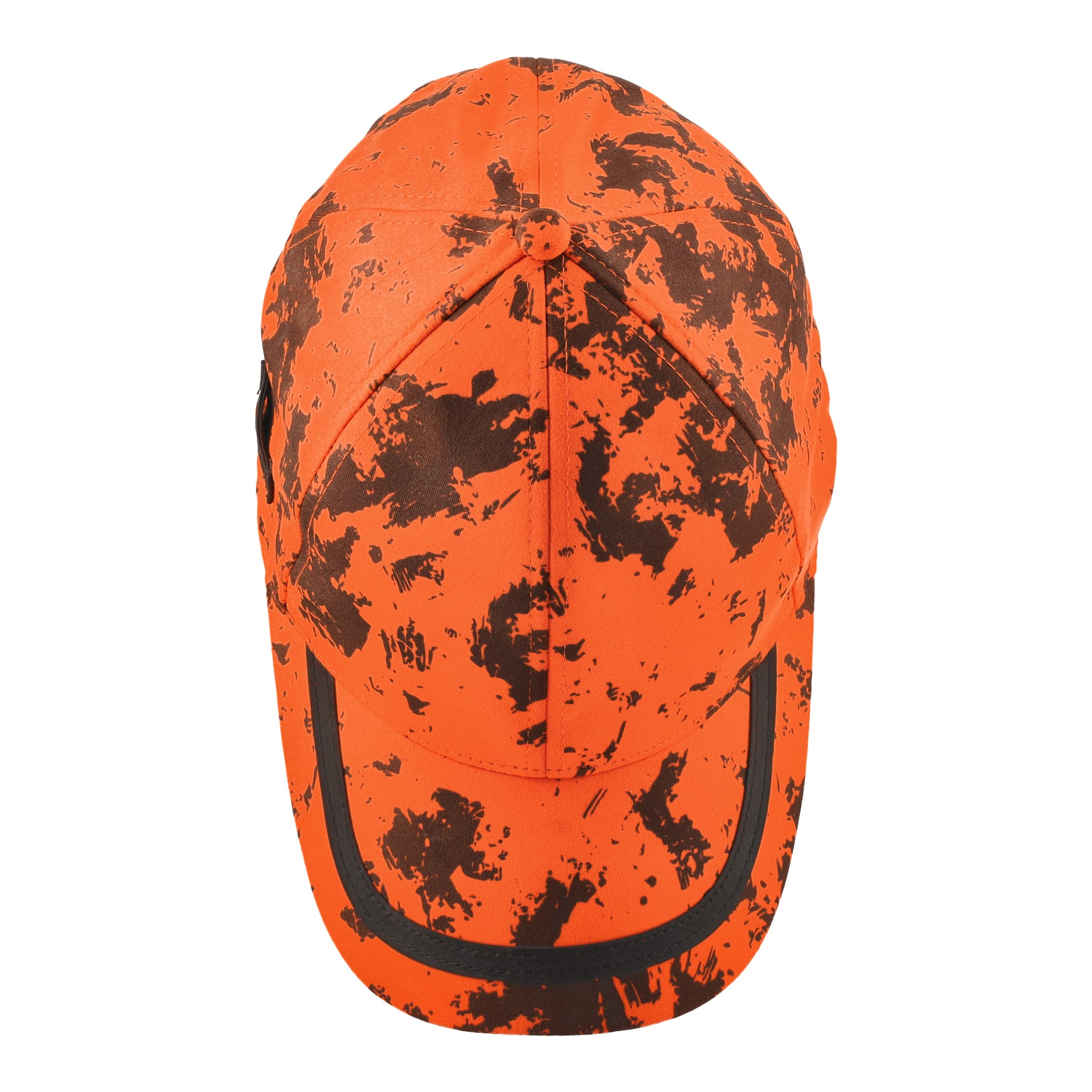 Uppifrån vy av Kayoba Outdoor Water-repellent jaktmössa Huntley, en orange mössa med svart stänkmönster och svart kant längs framkanten.