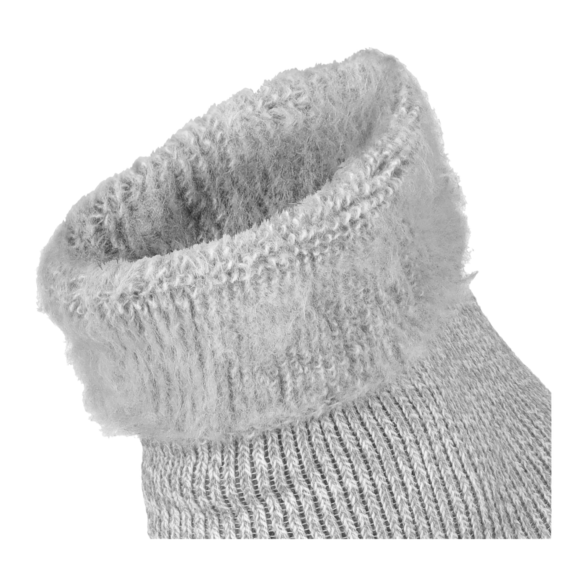 Närbild på den övre delen av en tjock, ljusgrå Bluewear Thermostrumpa med en mjuk, texturerad mudd.