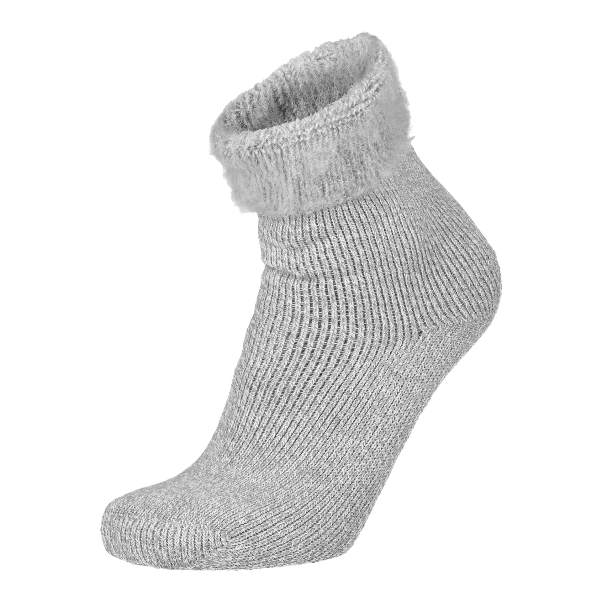 En grå Bluewear Thermostrumpa med resårmönster och mjuk, luddig mudd visas på en skyltdockefot.