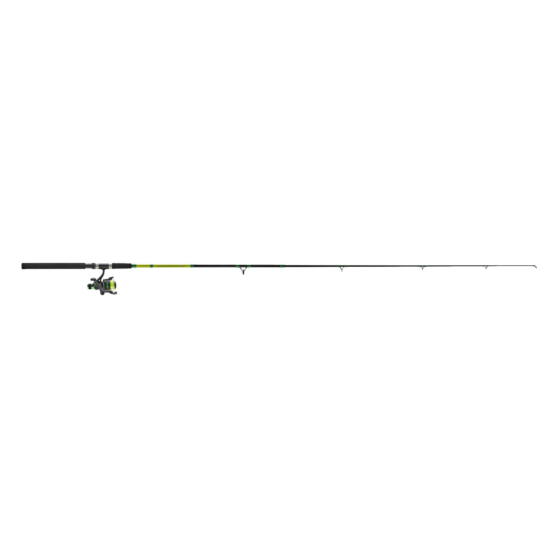 Ett fullt utdraget Kayoba Fishing Reel-set visas. Spöt, svart med gröna detaljer, har en spinnrulle fäst, ett skumgrepp och flera styrningar längs sin längd.