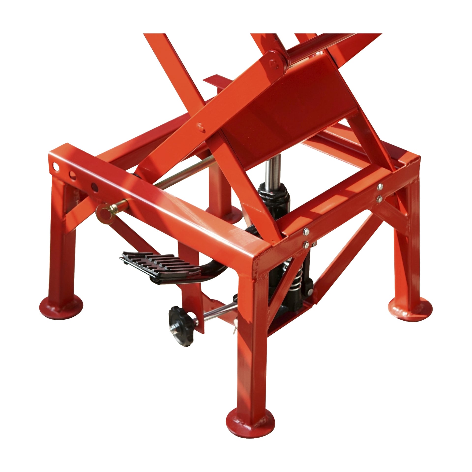 En Meec Tools motorcykellyft av röd metall har en fyrkantig bas, stadiga stödbalkar, en svart fotpedal och ett roterande handtag. Den hydrauliska cylindern och lyftmekanismen är synliga under den övre plattformen, med fyra runda fötter som ger stabilitet vid basen.