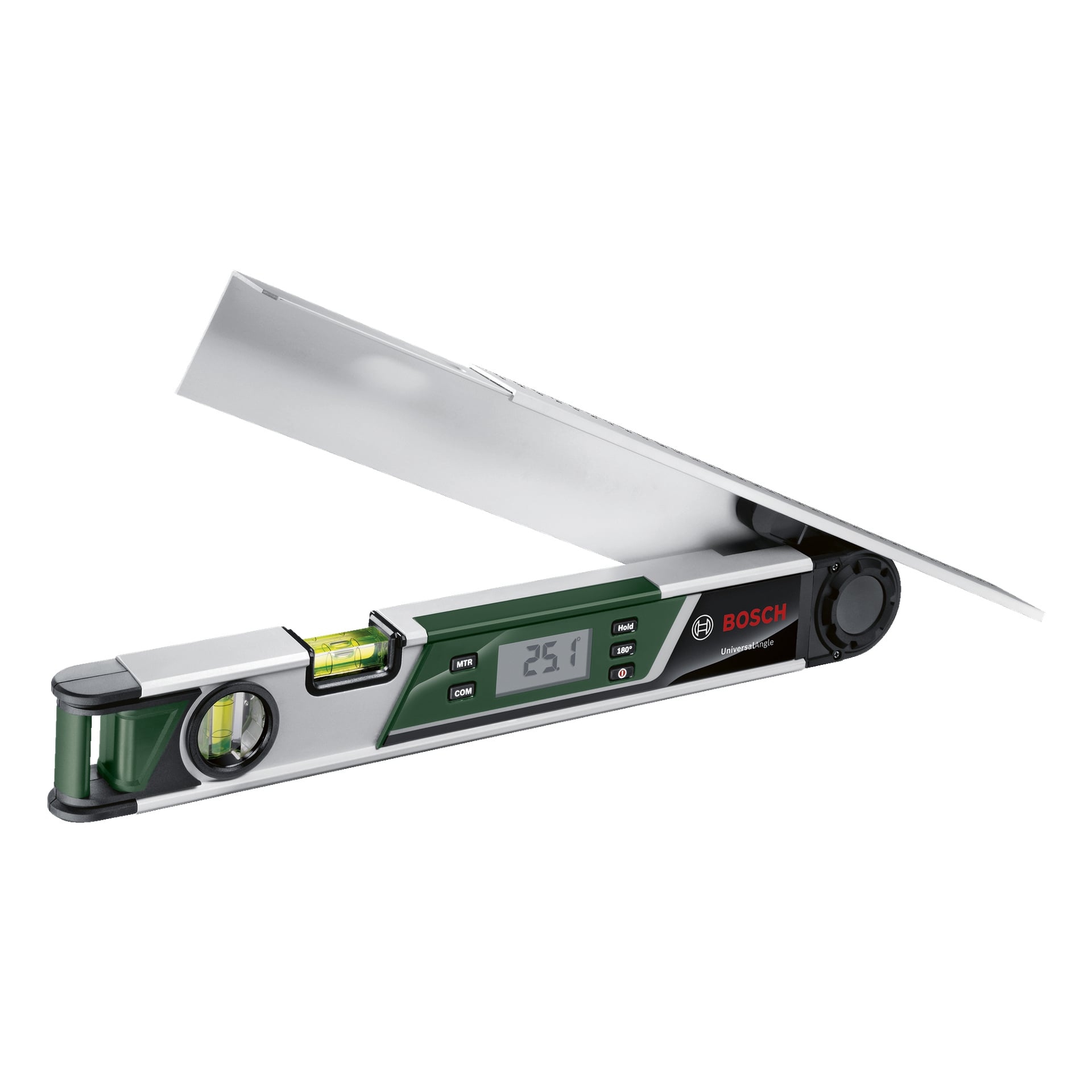 Bosch UniversalAngle digitala vinkelmätare är utrustad med vattenpass och en LCD-display som visar 25,1 grader, med metallarmar delvis utfällda för att framhäva gradskivans kapacitet.
