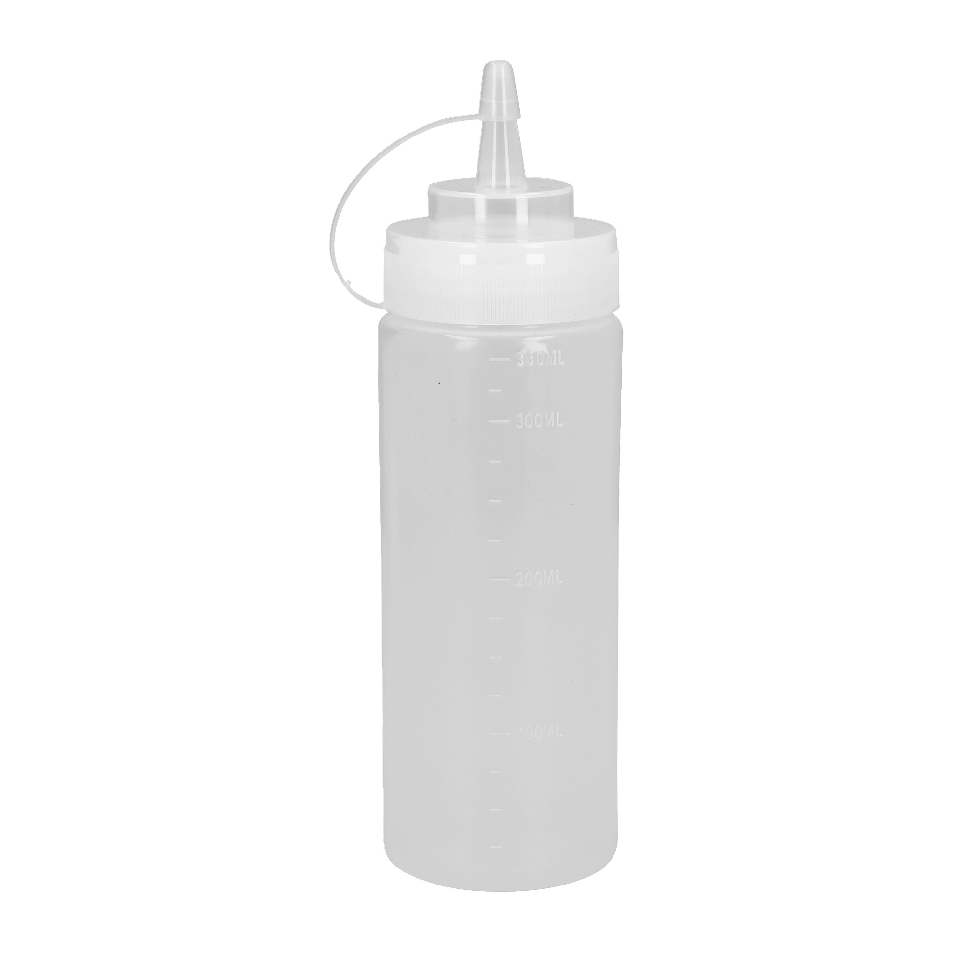 Två genomskinliga plastflaskor från Menuett, sålda som 2-pack, var och en med ett spetsigt munstyckslock och ett fäst avtagbart lock säkrat med en liten ögla. Båda flaskorna är designade för att servera kryddor eller vätskor och har mätmarkeringar längs sidan.