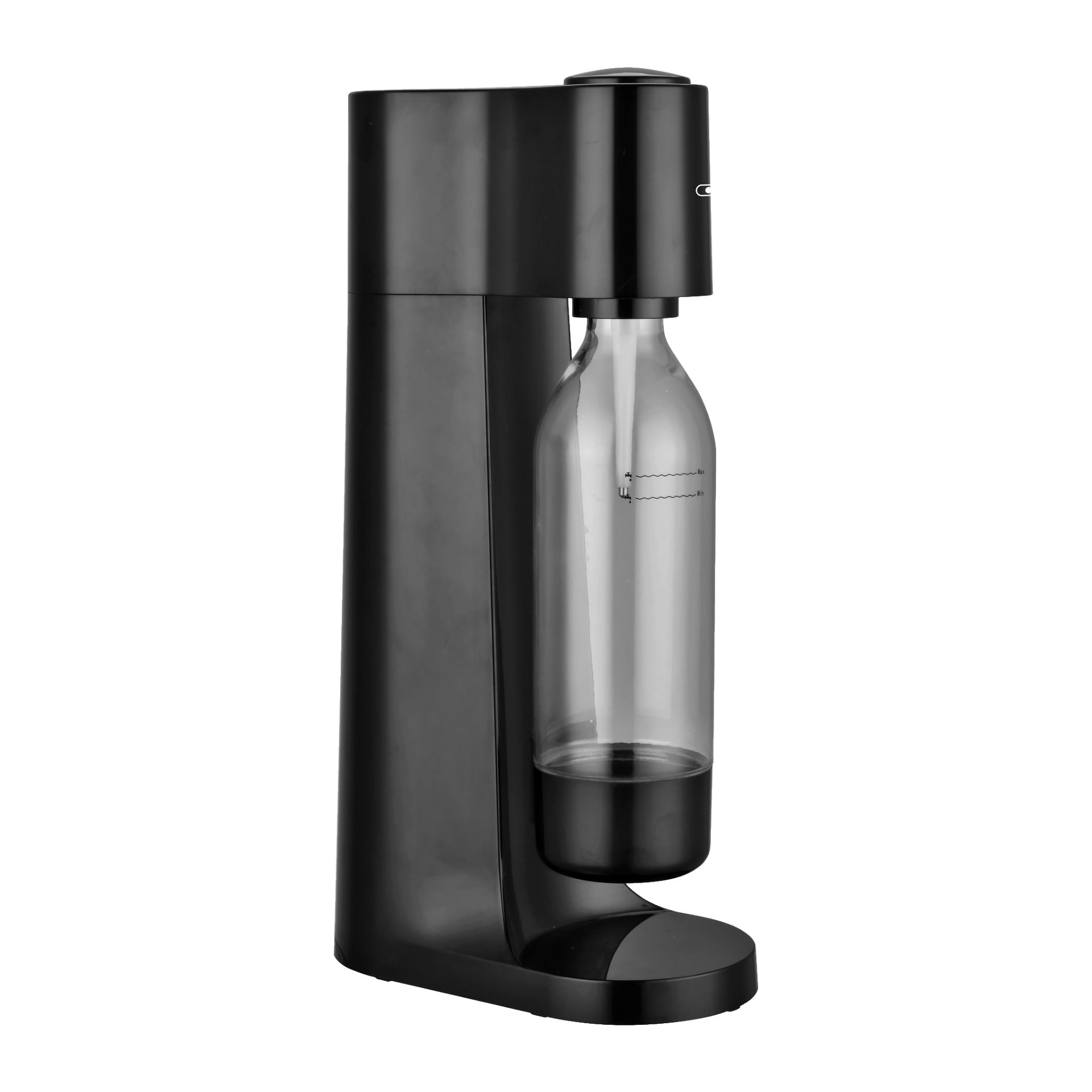 En slank svart bänkskiva håller en klar plastflaska stående vertikalt, vilket visar upp en modern, minimalistisk look som är perfekt för att göra kolsyrat vatten eller andra drycker hemma.