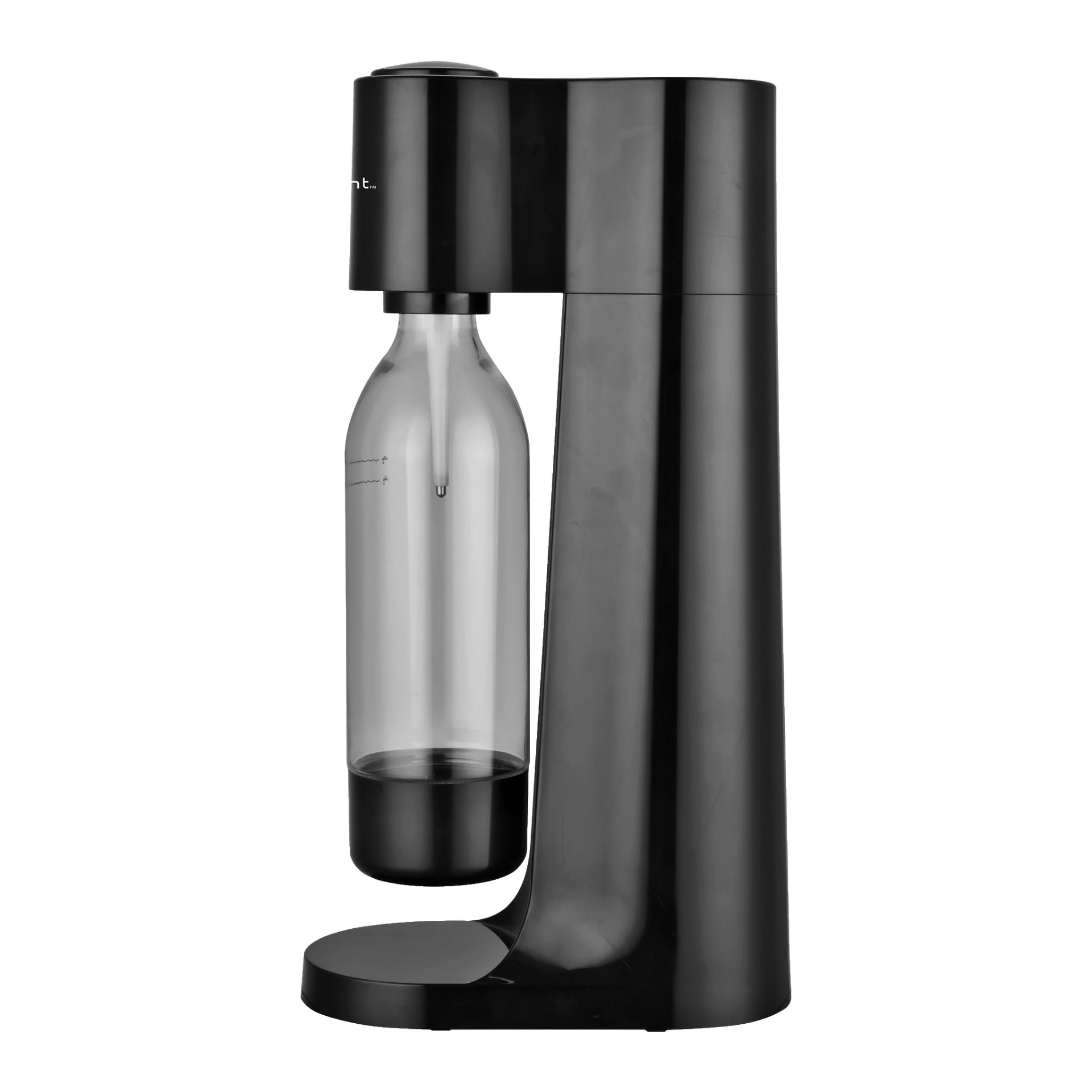 En elegant svart Bright Carbonator hemmakolsyre-maskin står upprätt i sidoprofil, med en klar flaska fäst. Designen är minimalistisk och visar mycket få kontroller eller varumärkeselement.