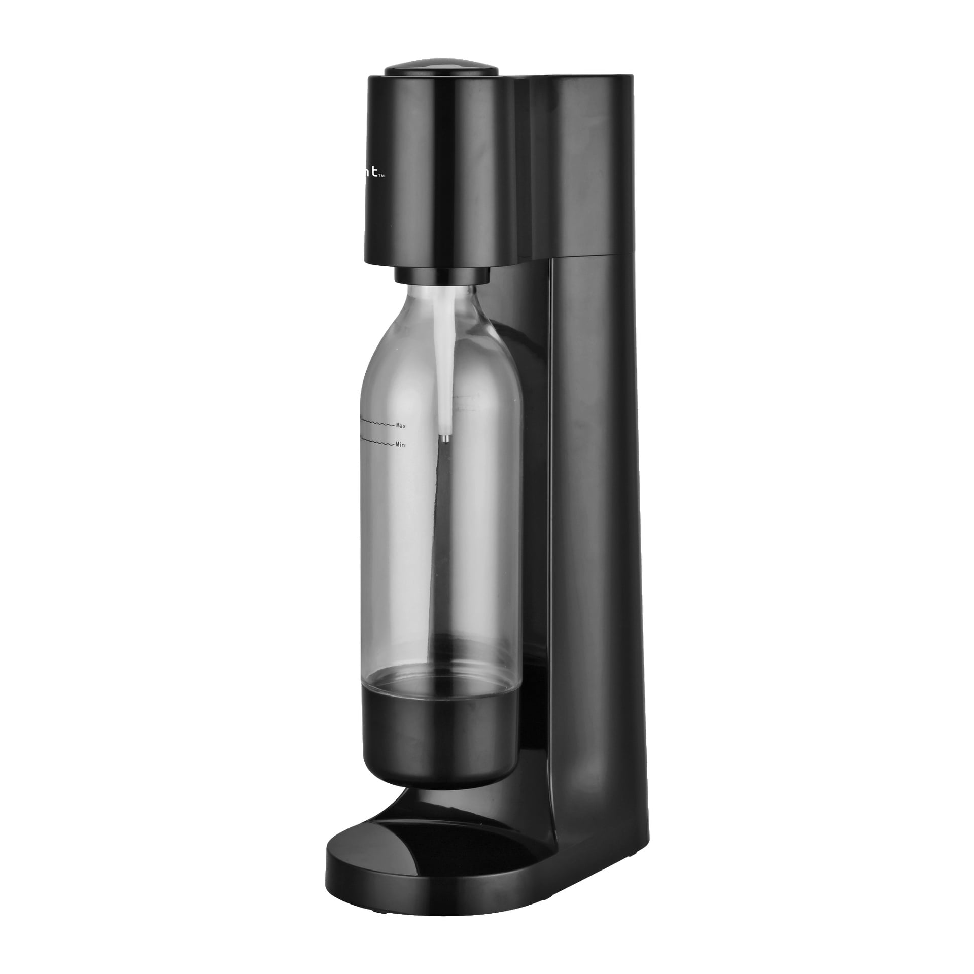 En sidovy av Bright Carbonator, en elegant svart bänkläskautomat med en genomskinlig plastflaska insatt.