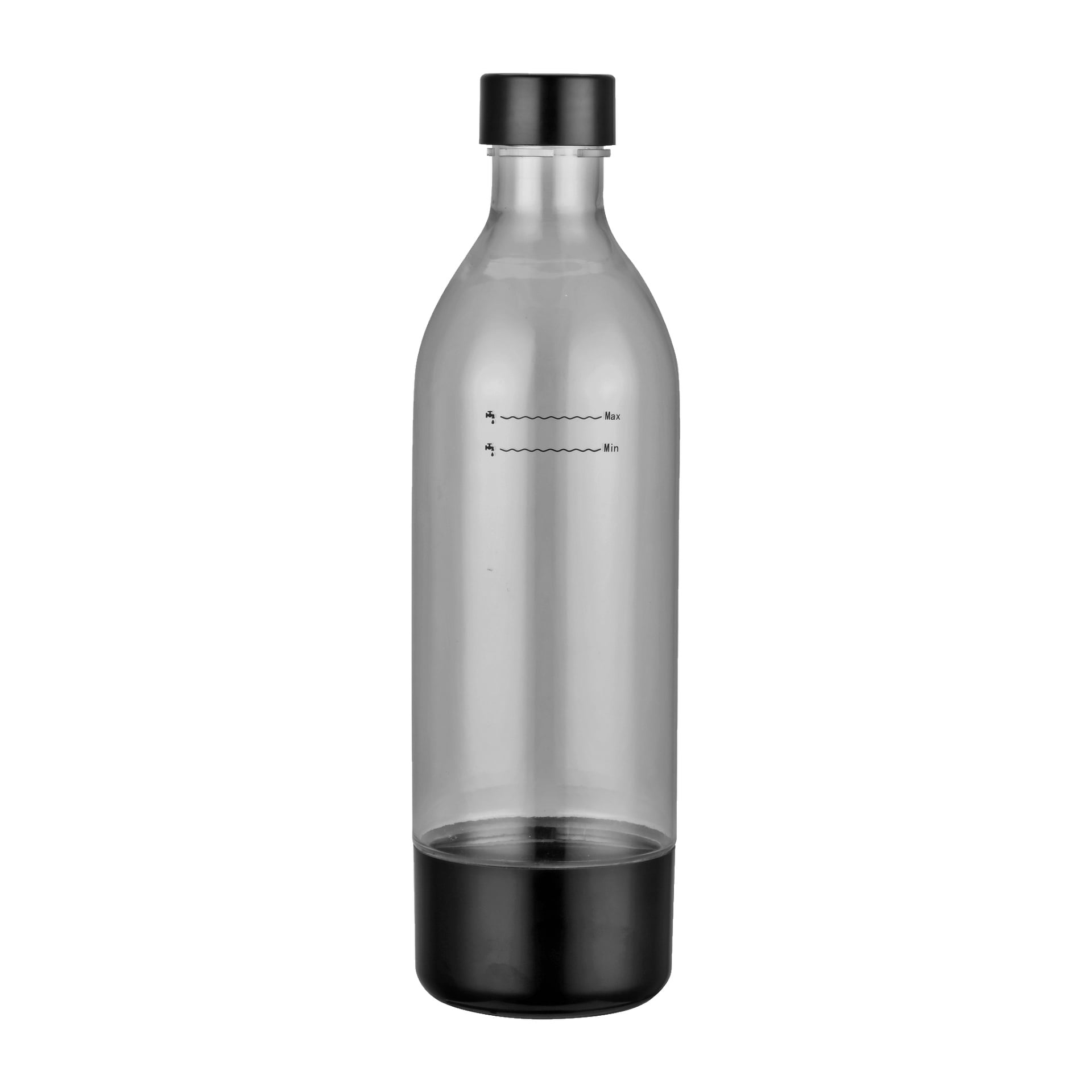 En transparent PET-flaska designad för en karbonatormaskin av No brand EMW, med svart lock och botten. Minimi- och maxpåfyllningslinjer syns på sidorna, och den tomma flaskan står upprätt.