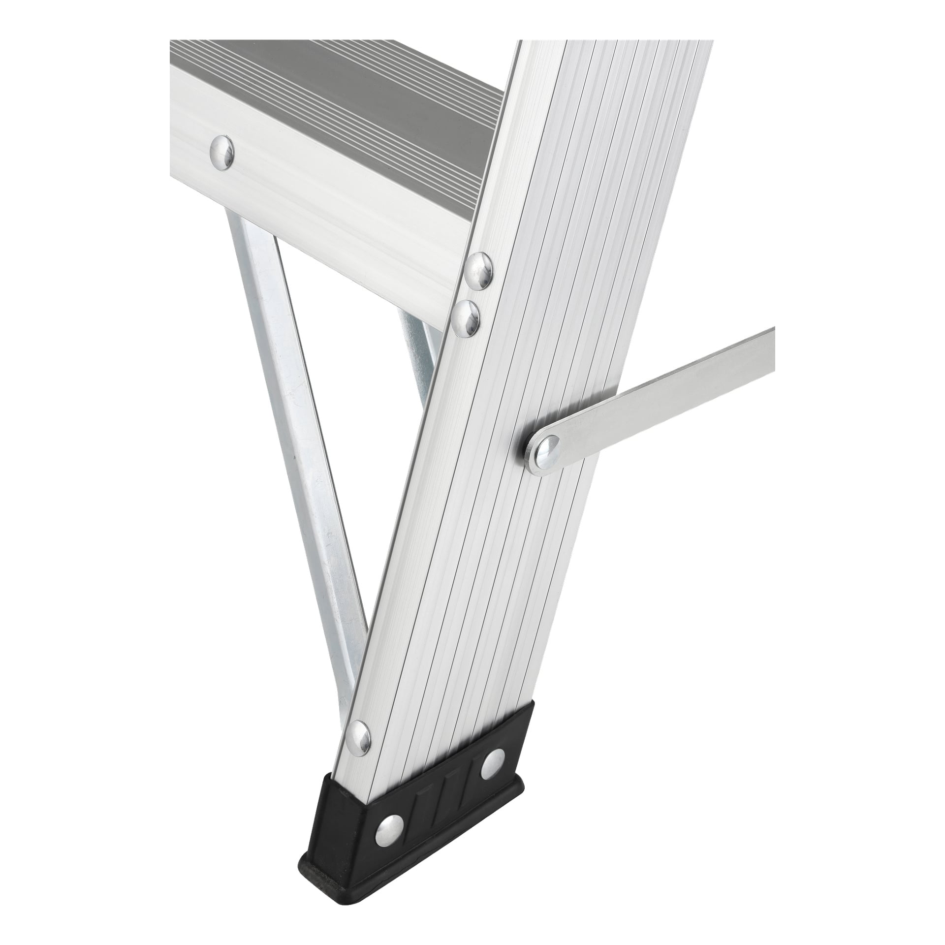 Detaljerad närbild av den nedre delen av Hard Head Step Stool, som visar den texturerade sidoräcken, det hållbara stödfästet och den svarta gummifotkåpan designad för stabilitet.