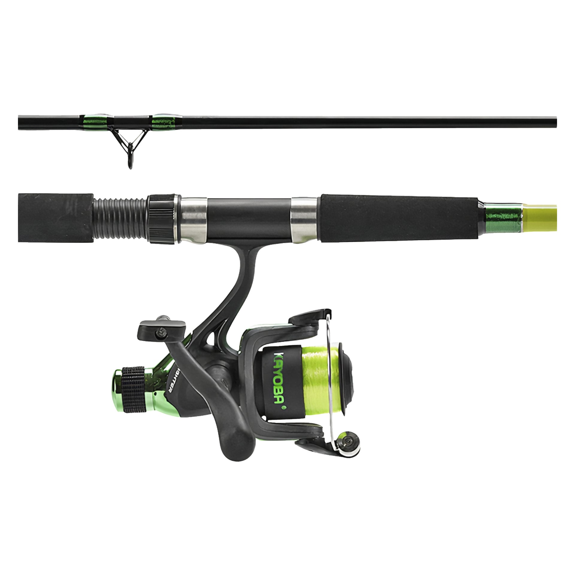 Närbild av Kayoba Fishing Reel-setet, som visar en snurrrulle fäst vid spöet med eleganta svarta och gröna detaljer. Spolen är fylld med livfullt grönt fiskelina, och spöet har vadderade svarta skumhandtag för komfort.