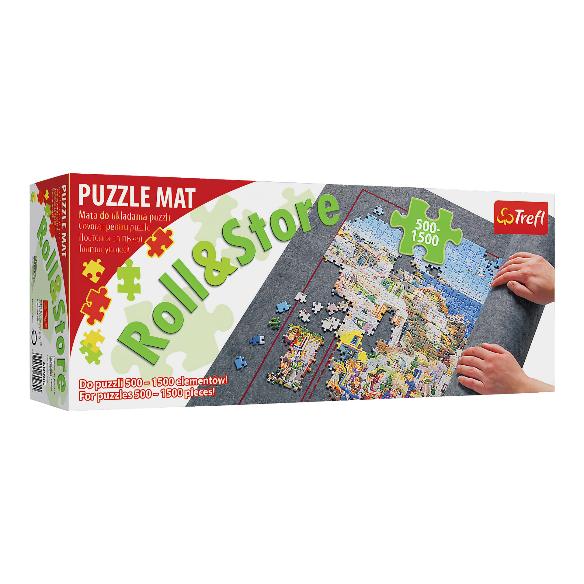 En rektangulär låda märkt "Trefl Puzzle Mat" visar en bild av ett delvis ihopmonterat pussel på en grå matta, med händer som rullar upp mattan, och produktdetaljer noterar att den är lämplig för pussel med mellan 500 och 1500 bitar.