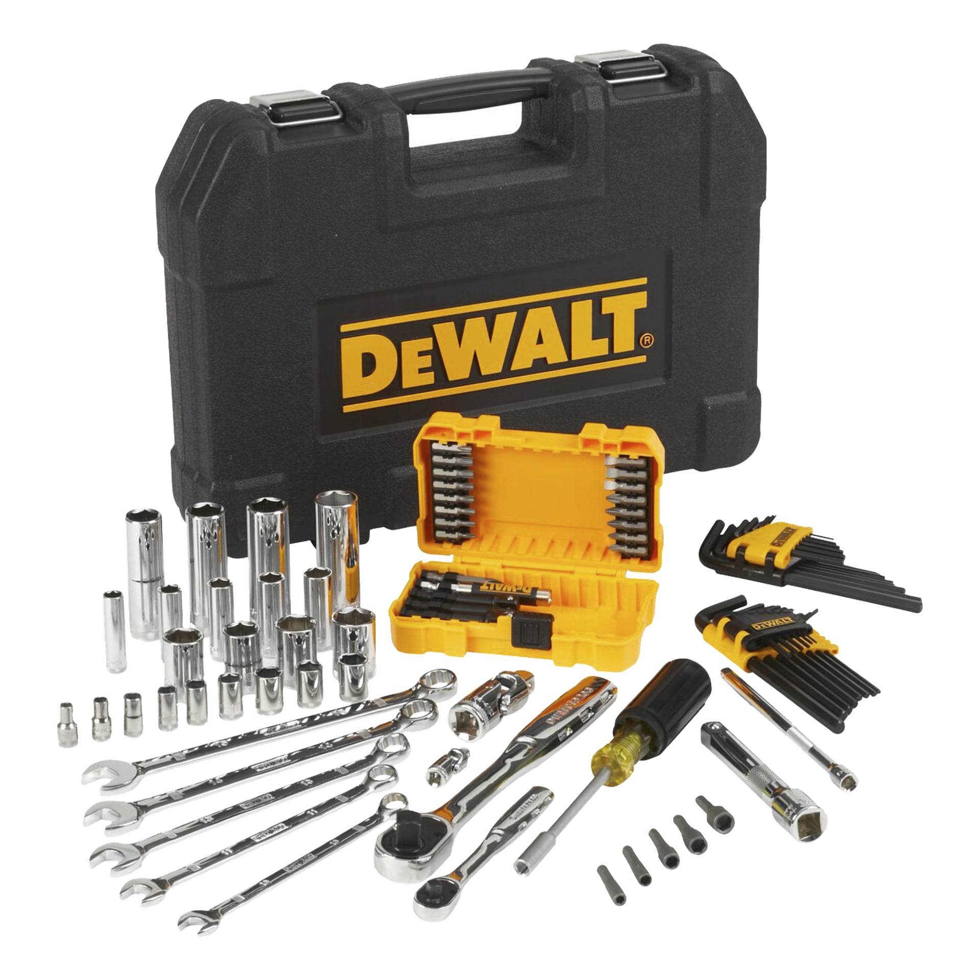 Ett DeWalt-paket med 89-delade skiftnyckelr och svart och gult bärfodral, innehållande en rad skiftnycklar, hylsor, skruvmejslar, insexnycklar och ett gult fack fyllt med olika delar – alla föremål ordnade i ordnad ordning.