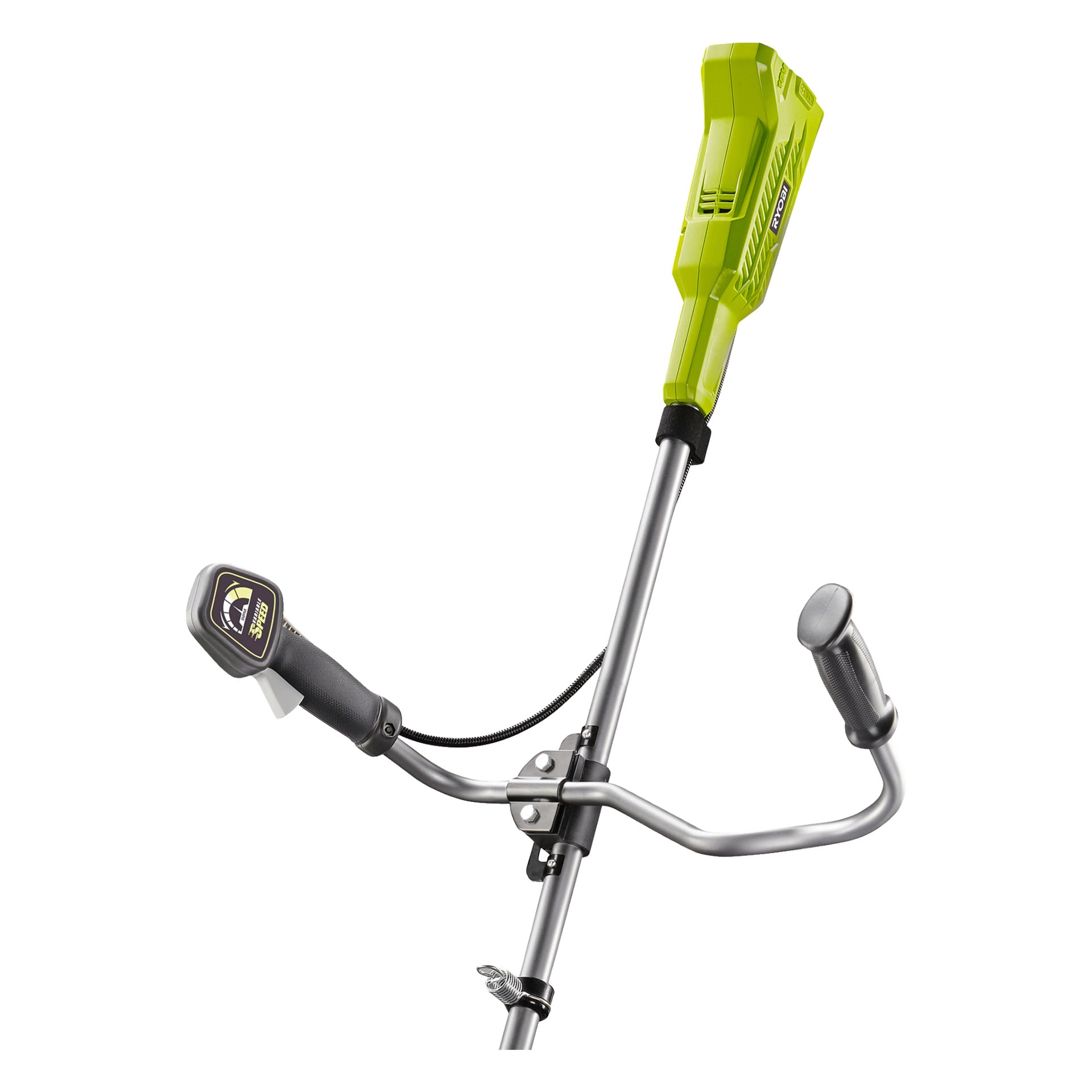 Närbild av en grön och silverfärgad Ryobi One+ OBC1820B borstskärare, med ergonomiska grepp, ett batteripaket monterat upptill och en digital display på vänster handtag.