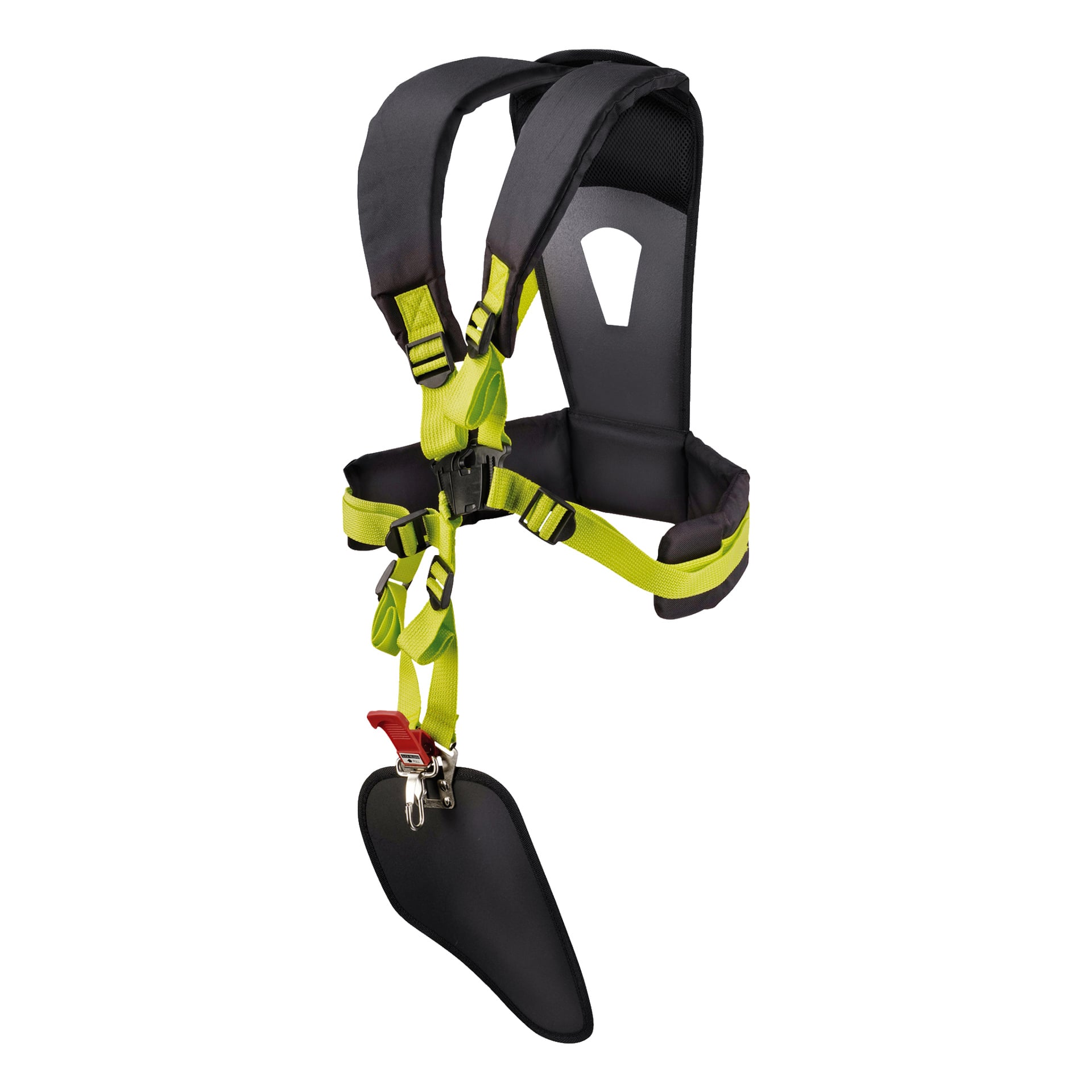 Ryobi One+ batteridrivna borstskärare (OBC1820B) är svart och neongrön, utrustad med vadderade axel- och midjeband, säkra spännen och en skyddsdyna med röd lås.