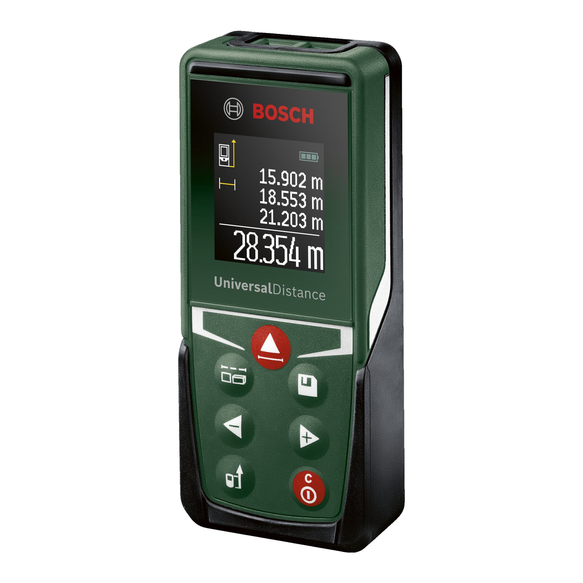 Miernik odległości Bosch UniversalDistance 30 stoi pionowo. Wyświetlacz pokazuje cztery wymiary w metrach, z podświetlonymi 28,354 m. Pod ekranem znajduje się kilka przycisków.