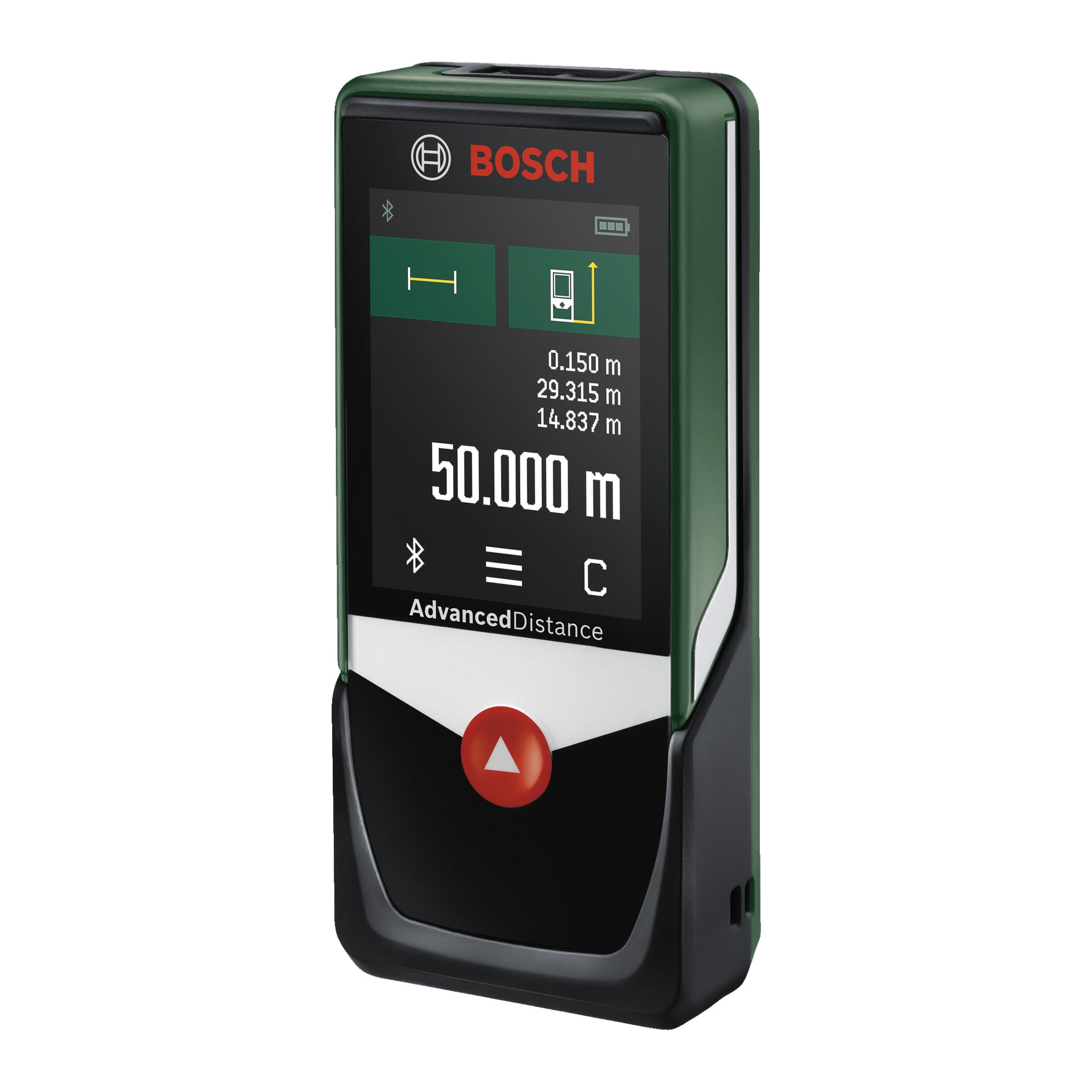 Bosch AdvancedDistance 50 C etäisyysmittarissa on värinäyttö, joka näyttää 50 000 metriä, Bluetooth-kuvake, mittaussymbolit ja punainen pyöreä painike näytön alla.