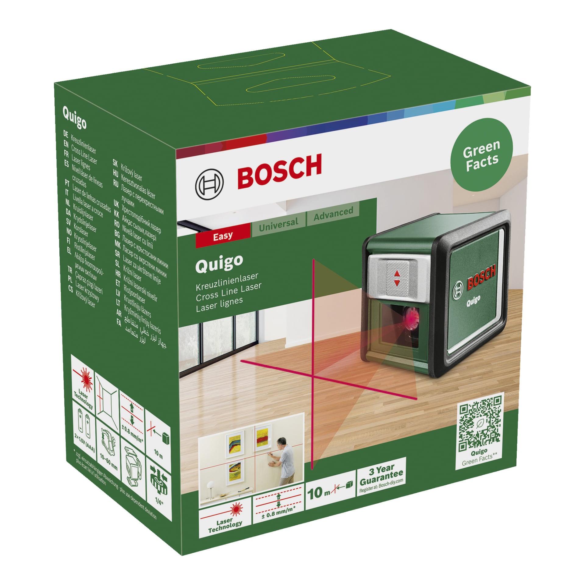 Grön Bosch Cross Laser Quigo III-låda som visar produktbilden, Bosch-varumärket och olika funktionsbeskrivningar. Förpackningen betonar dess cross-line laserfunktion, tre års garanti och inkluderar gröna detaljer i övre högra hörnet. Bilder visar att verktyget används i en rumsmiljö.