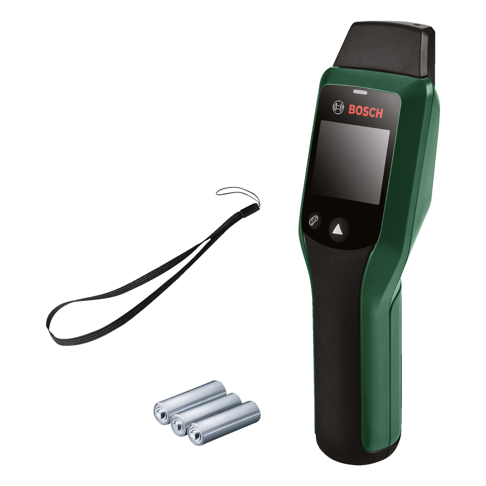 En Bosch UniversalHumid fuktmätare i grönt och svart har en display, tre kontrollknappar, ett handledsband och tre AAA-batterier bredvid. "Bosch"-logotypen visas ovanför skärmen.