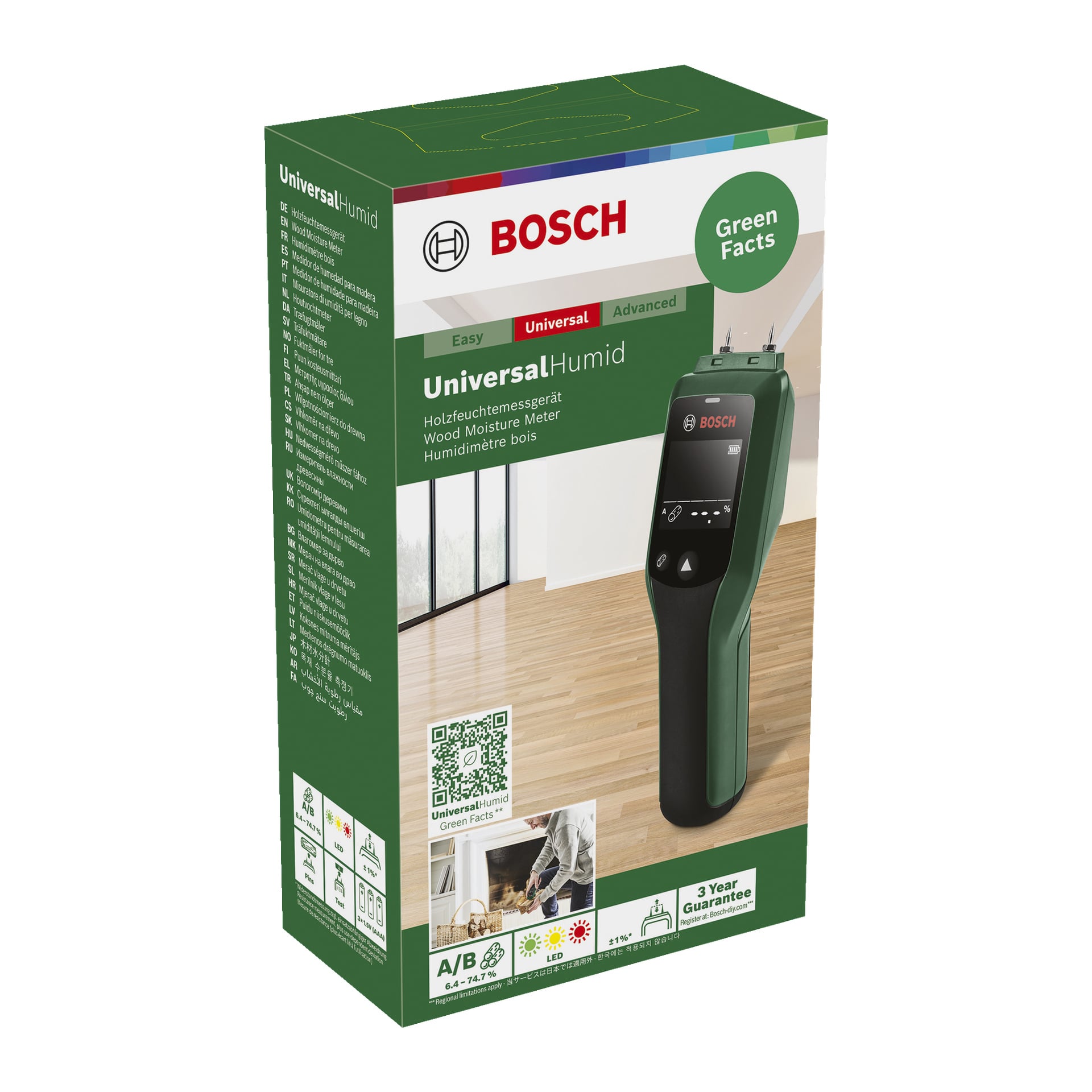 Grön och svart förpackning för Bosch Moisture Meter UniversalHumid, med ett foto av enheten, detaljerade specifikationer, Bosch-varumärke, en QR-kod och ikoner för garanti, batteritid och användningsdetaljer på framsidan.